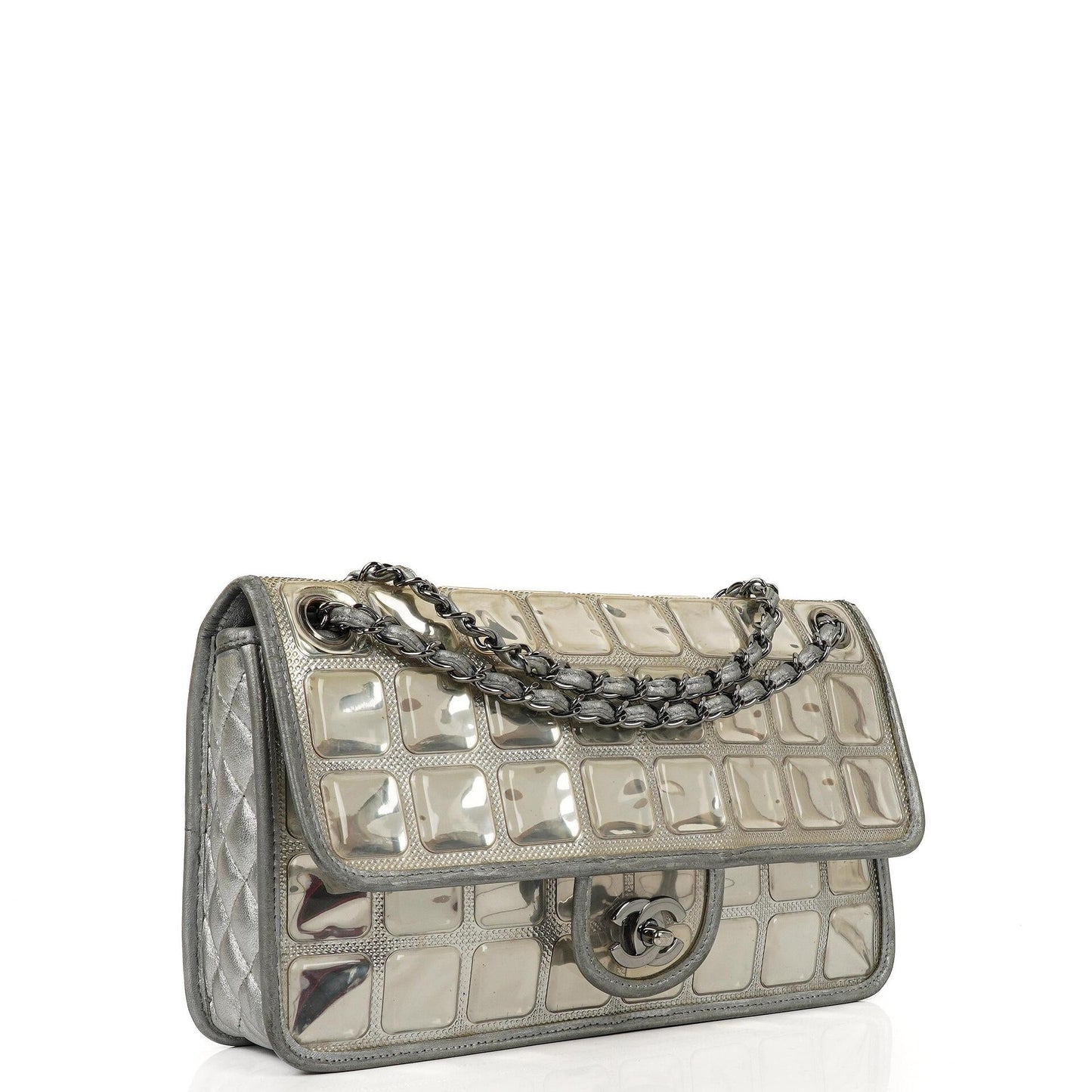 Chanel Large Ice Cube Flap Bag Mirrored Vinyl And Silver Metallic Leather With Silver-Tone Hardware