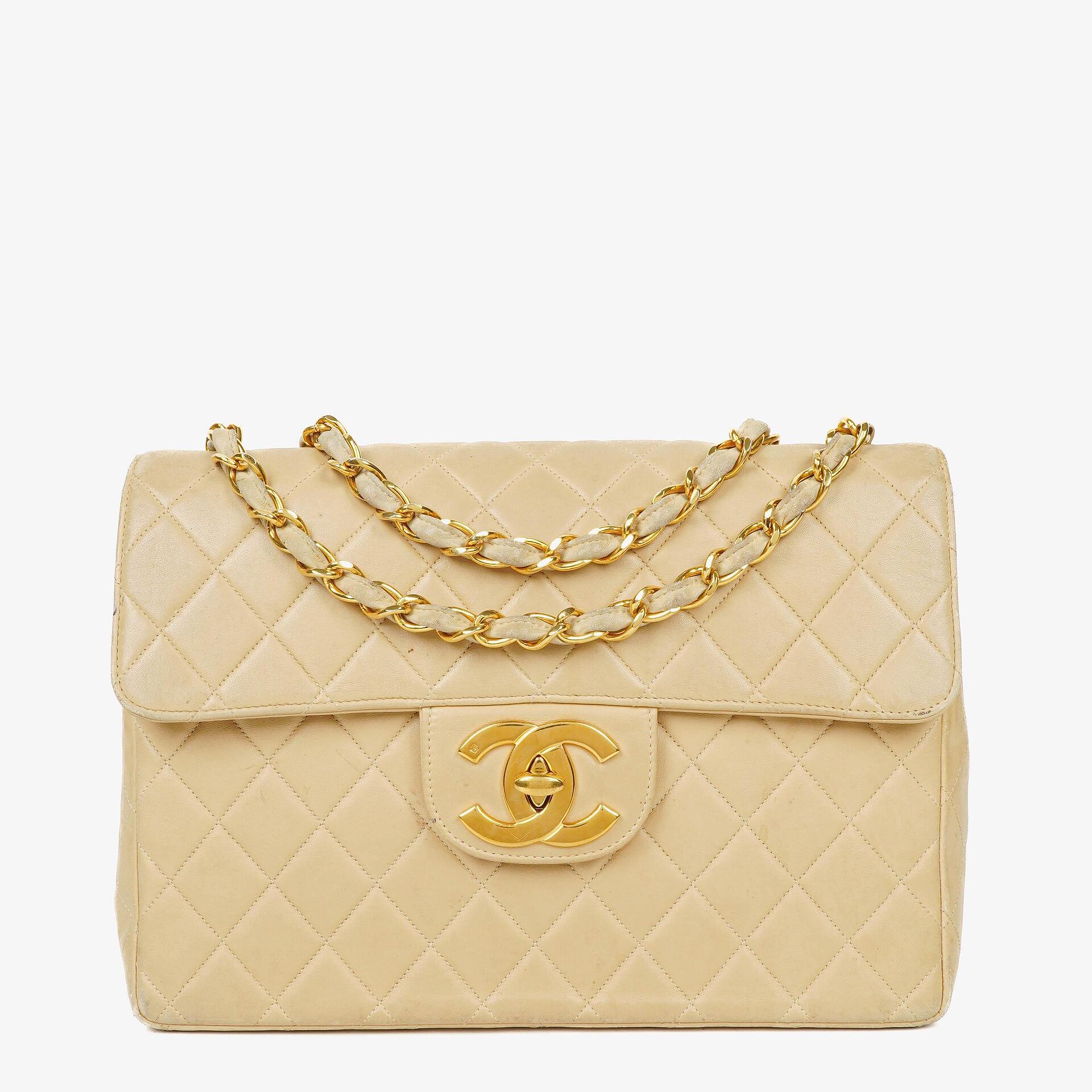 Chanel Jumbo CC Classic Single Flap Bag Beige Quilted Lambskin 24K Gold-Plated Hardware