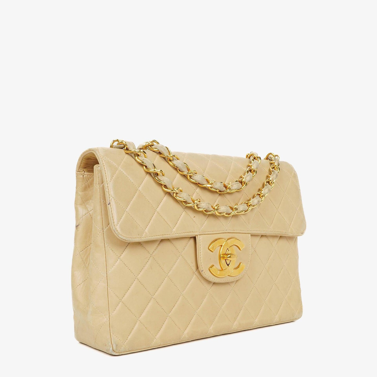 Chanel Jumbo CC Classic Single Flap Bag Beige Quilted Lambskin 24K Gold-Plated Hardware
