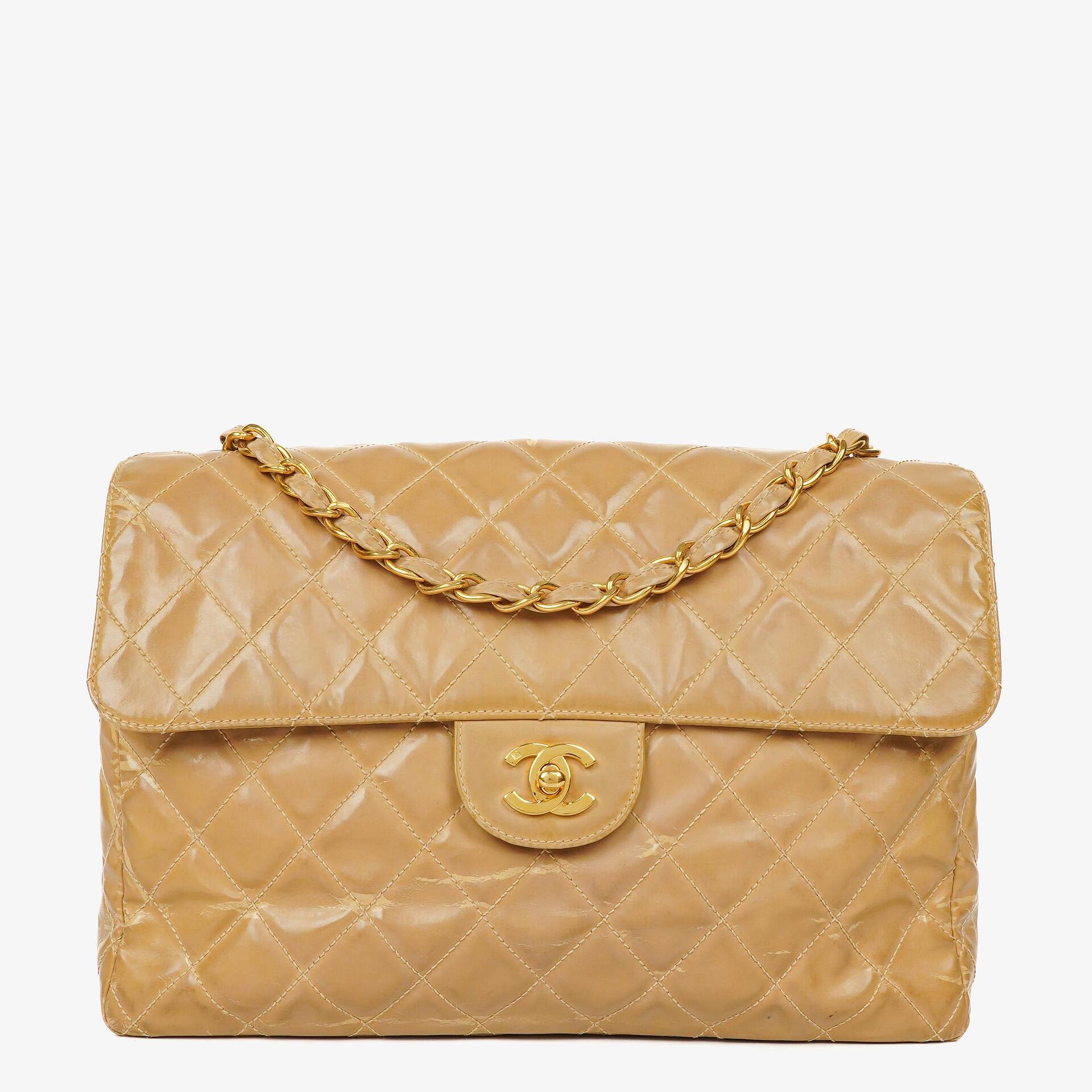 Chanel Jumbo CC Classic Single Flap Bag Beige Quilted Patent Leather 24K Gold-Plated Hardware