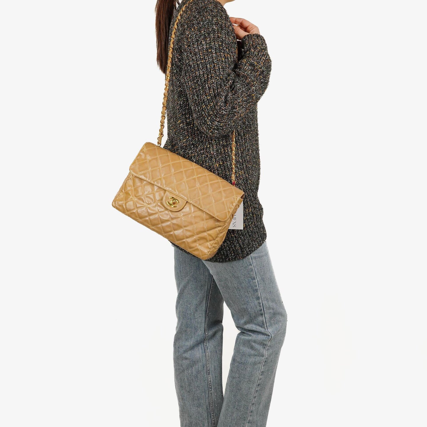 Chanel Jumbo CC Classic Single Flap Bag Beige Quilted Patent Leather 24K Gold-Plated Hardware