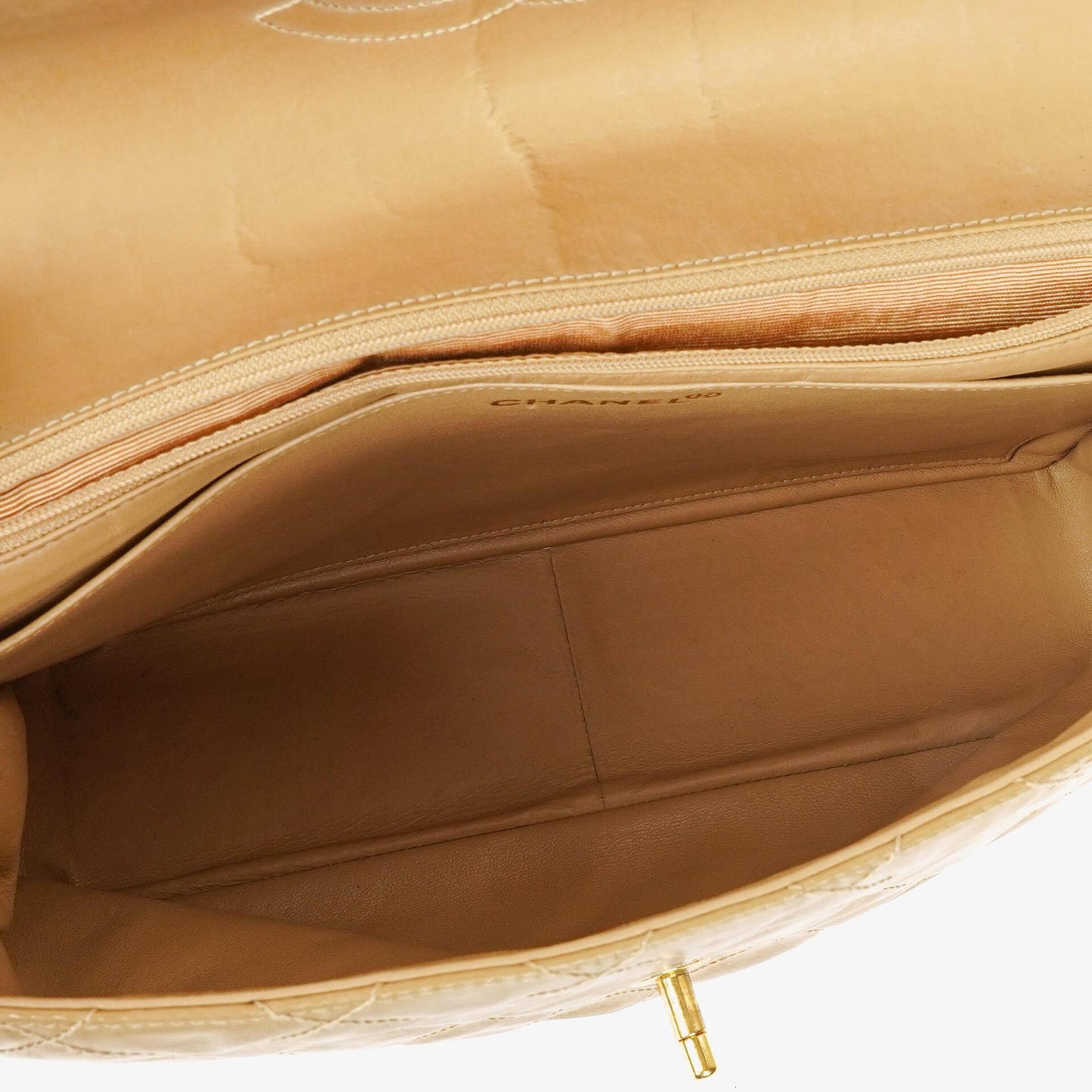 Chanel Jumbo CC Classic Single Flap Bag Beige Quilted Patent Leather 24K Gold-Plated Hardware