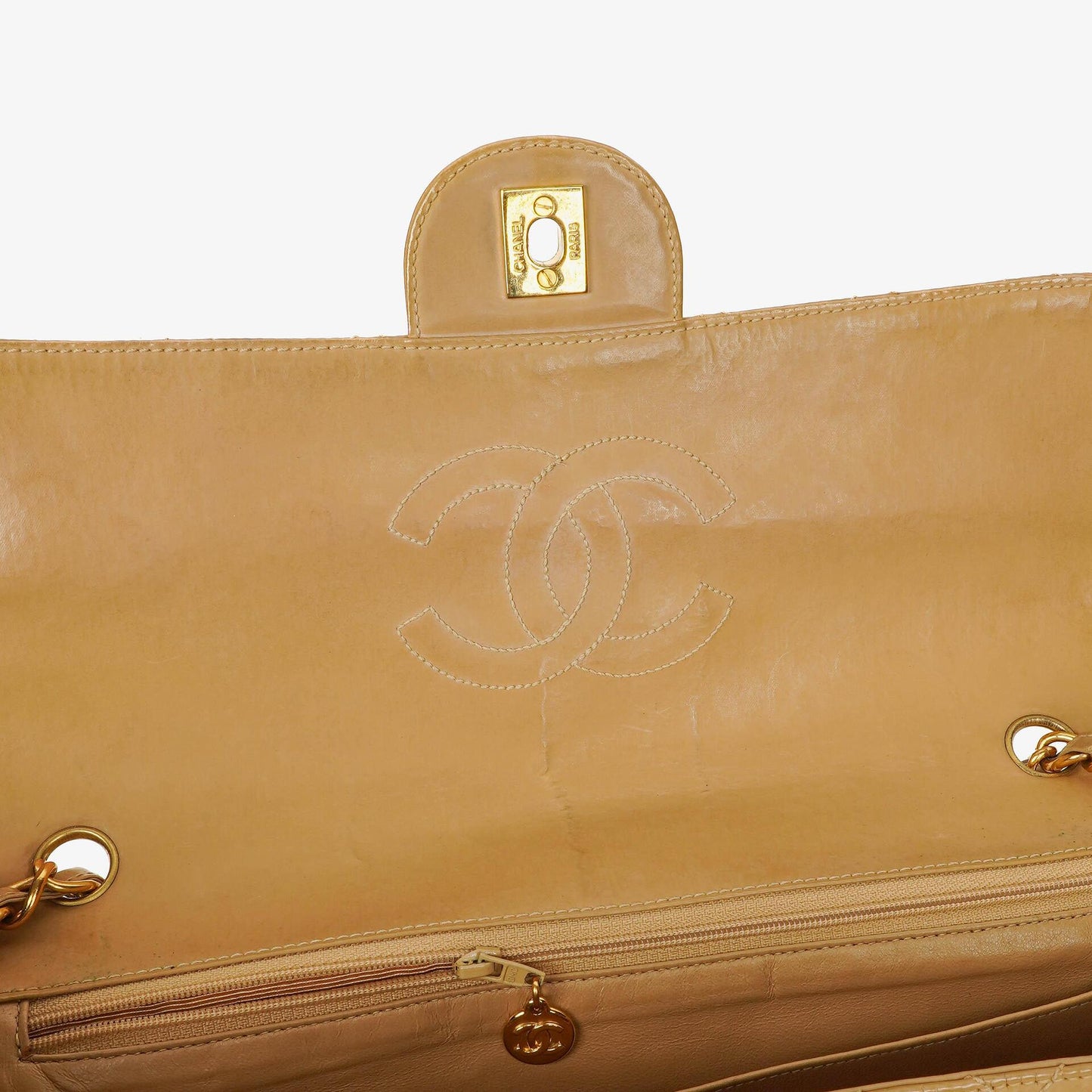 Chanel Jumbo CC Classic Single Flap Bag Beige Quilted Patent Leather 24K Gold-Plated Hardware