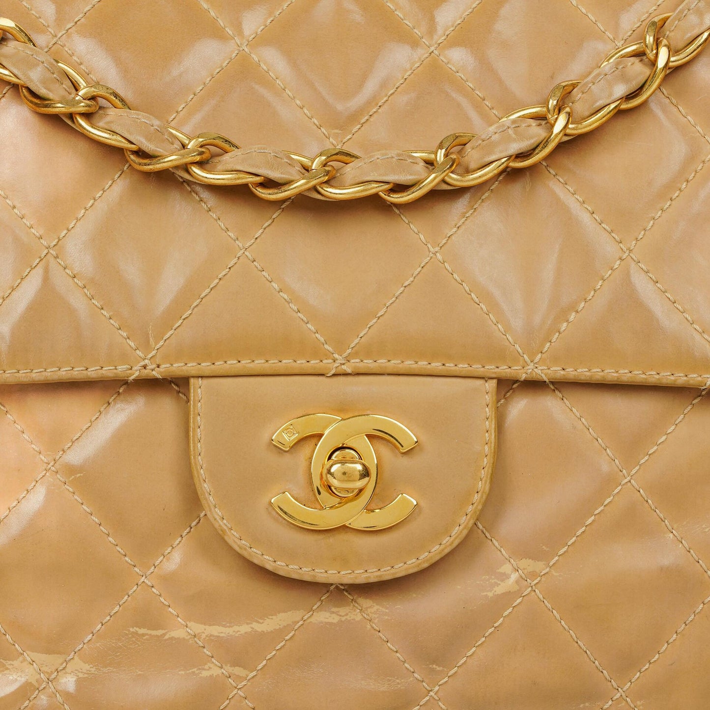 Chanel Jumbo CC Classic Single Flap Bag Beige Quilted Patent Leather 24K Gold-Plated Hardware