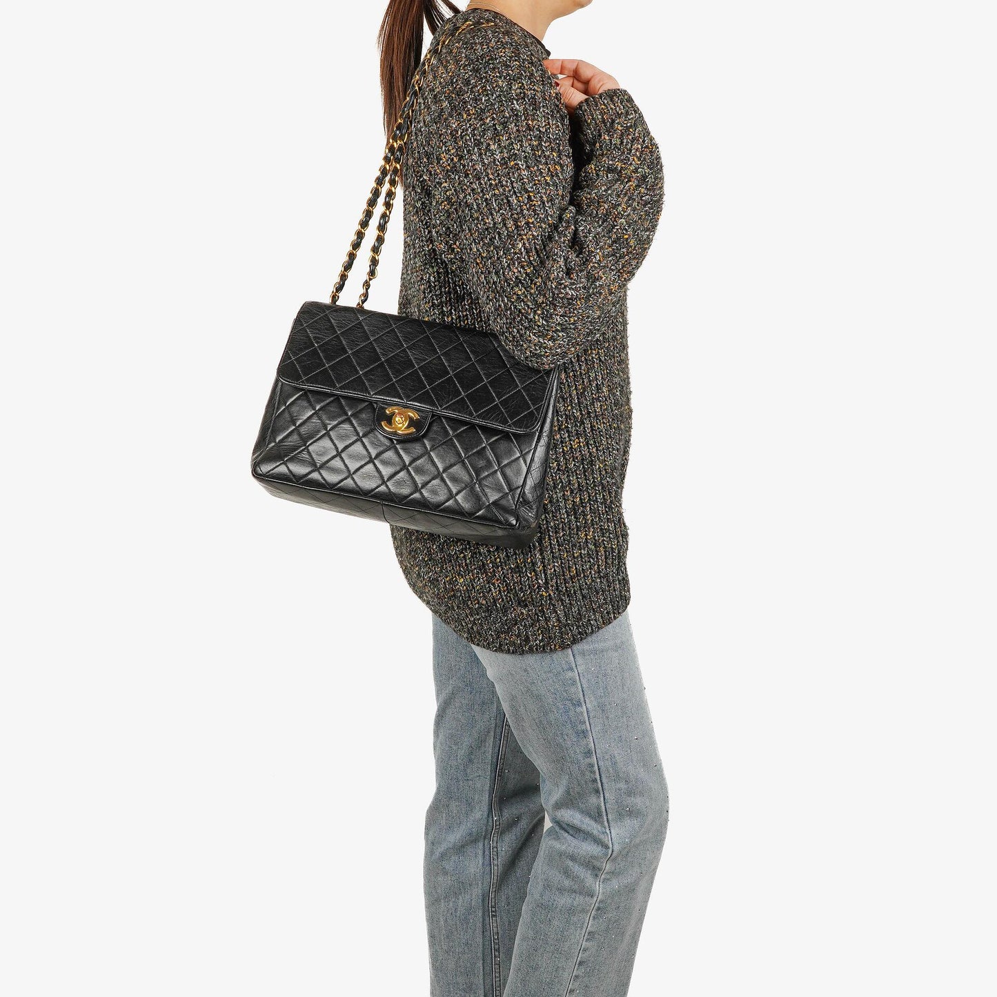 Chanel Jumbo CC Classic Single Flap Bag Black Quilted Lambskin 24K Gold-Plated Hardware