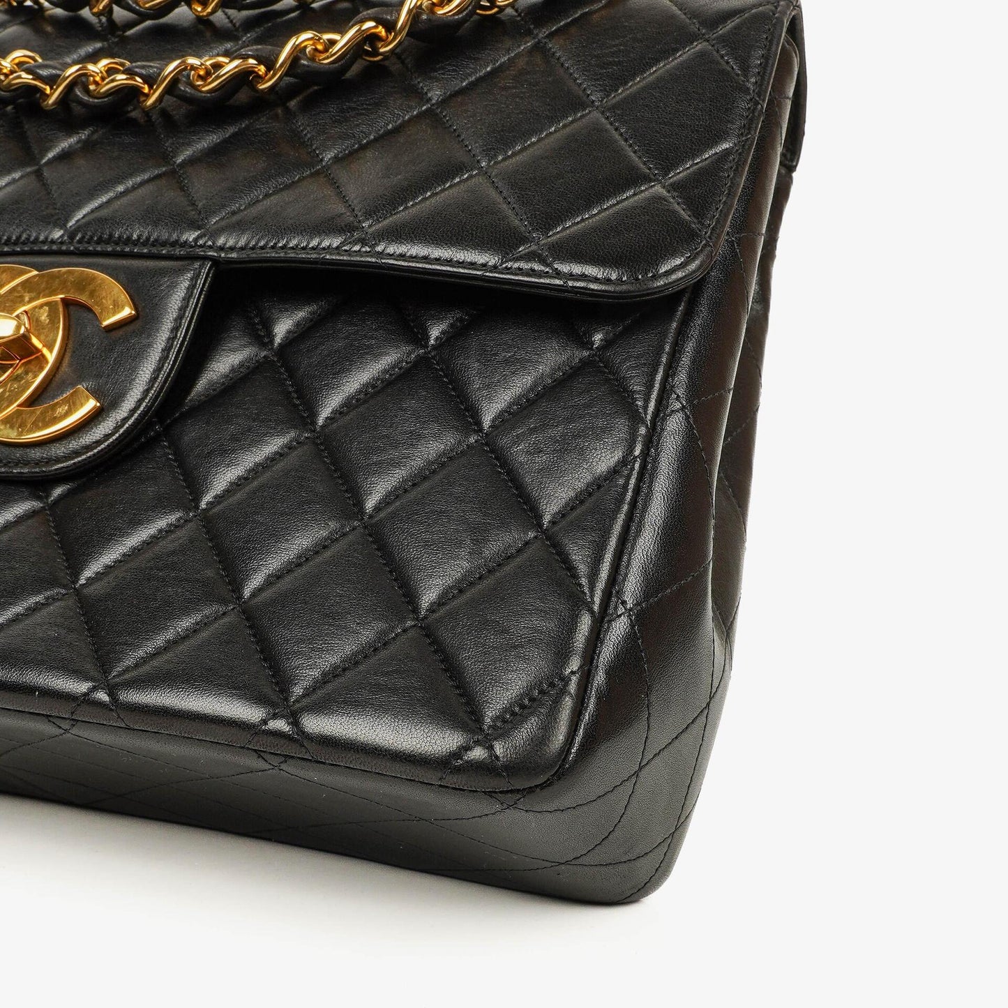 Chanel Jumbo CC Classic Single Flap Maxi Logo Bag Black Quilted Lambskin 24K Gold-Plated Hardware