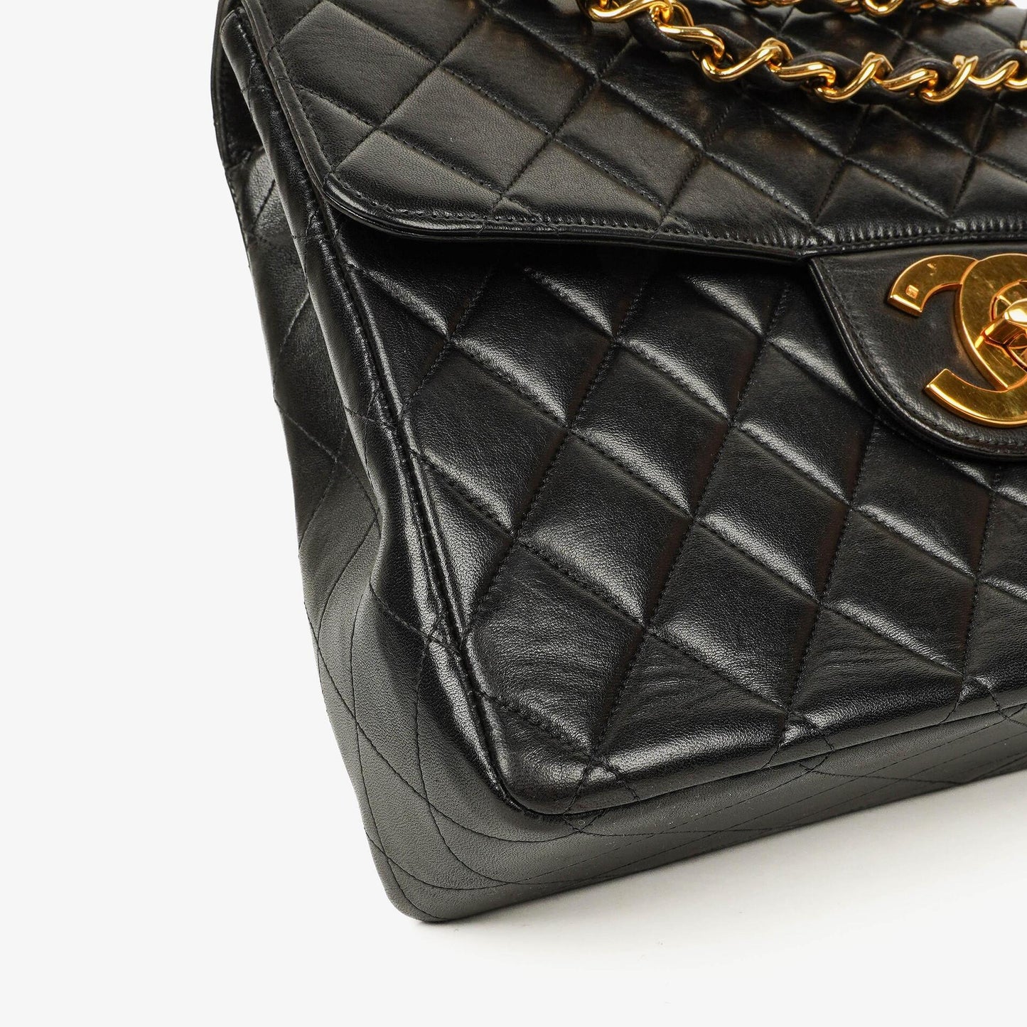 Chanel Jumbo CC Classic Single Flap Maxi Logo Bag Black Quilted Lambskin 24K Gold-Plated Hardware