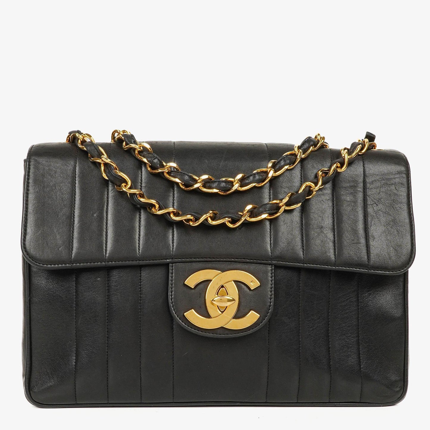 Chanel Jumbo CC Vertical Black Quilted Lamabskin Flap Bag 24K Gold-Plated Hardware