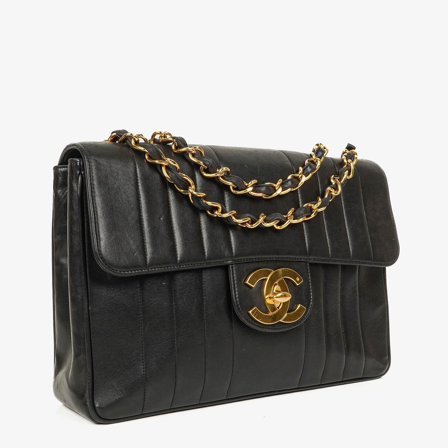 Chanel Jumbo CC Vertical Black Quilted Lamabskin Flap Bag 24K Gold-Plated Hardware
