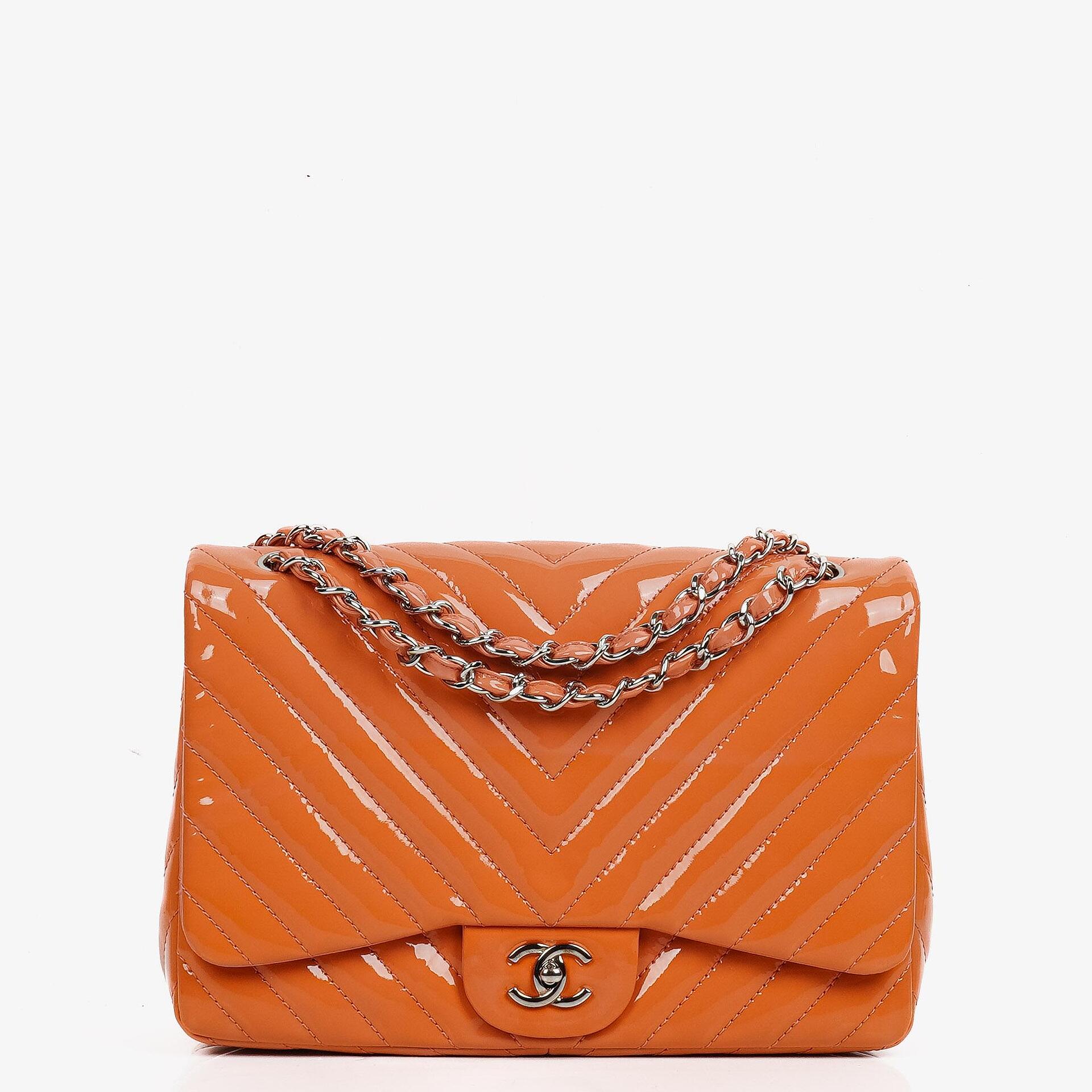 Chanel Jumbo Classic Single Flap Bag Chevron Patent Quilted Leather With Silver-Tone Hardware