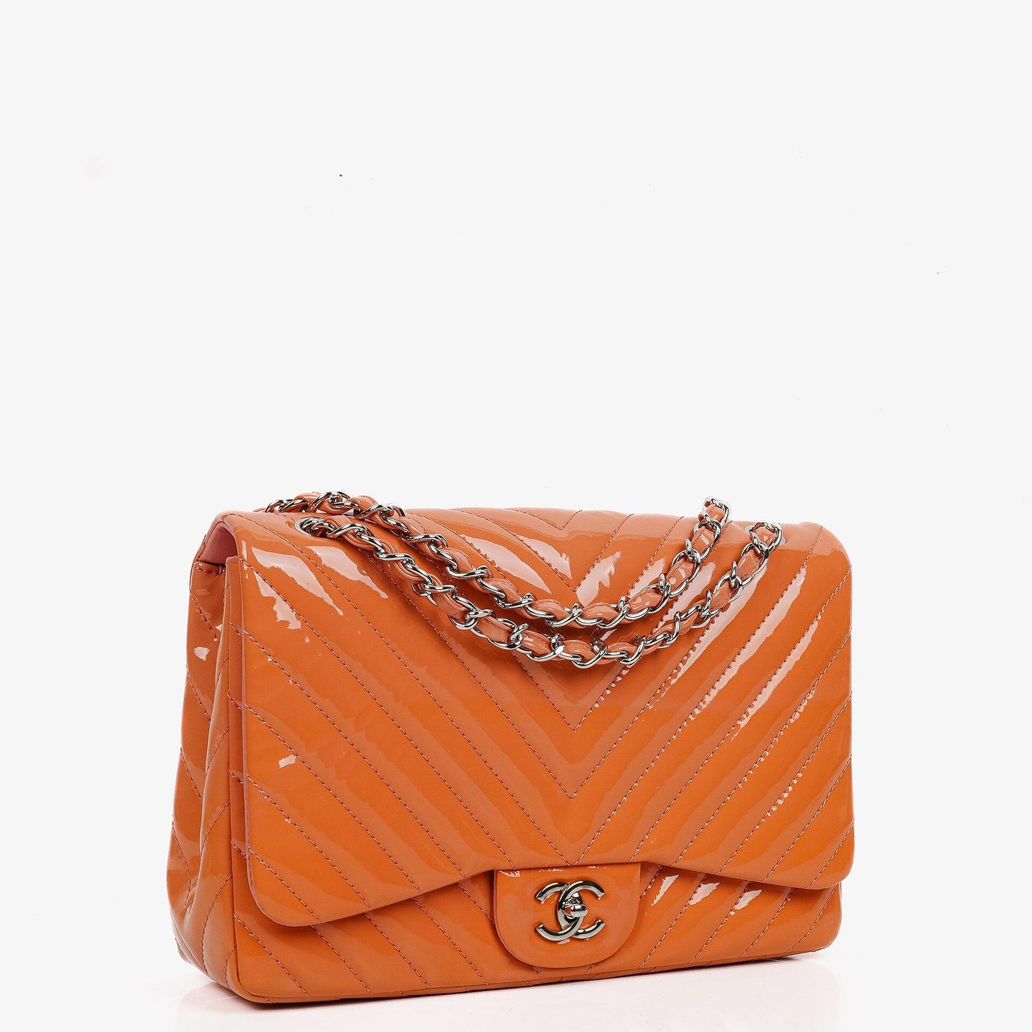 Chanel Jumbo Classic Single Flap Bag Chevron Patent Quilted Leather With Silver-Tone Hardware