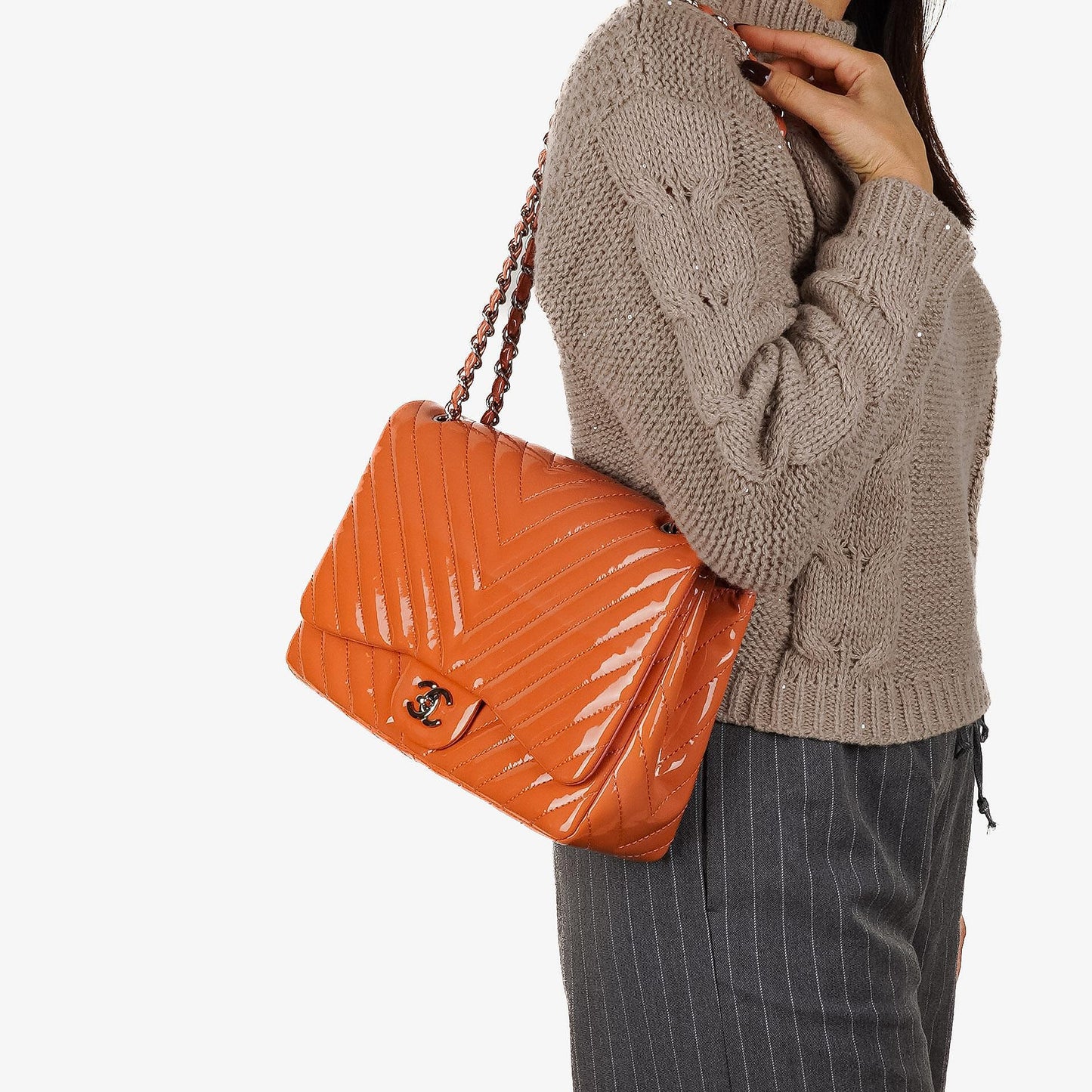 Chanel Jumbo Classic Single Flap Bag Chevron Patent Quilted Leather With Silver-Tone Hardware