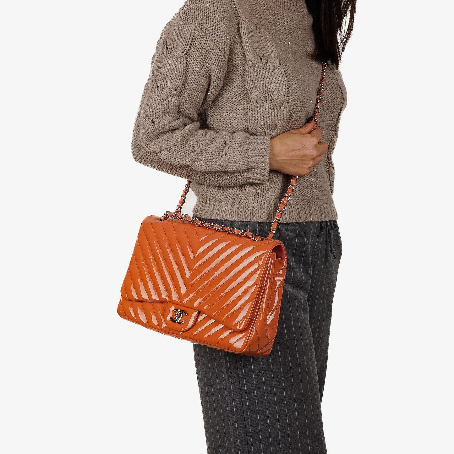 Chanel Jumbo Classic Single Flap Bag Chevron Patent Quilted Leather With Silver-Tone Hardware