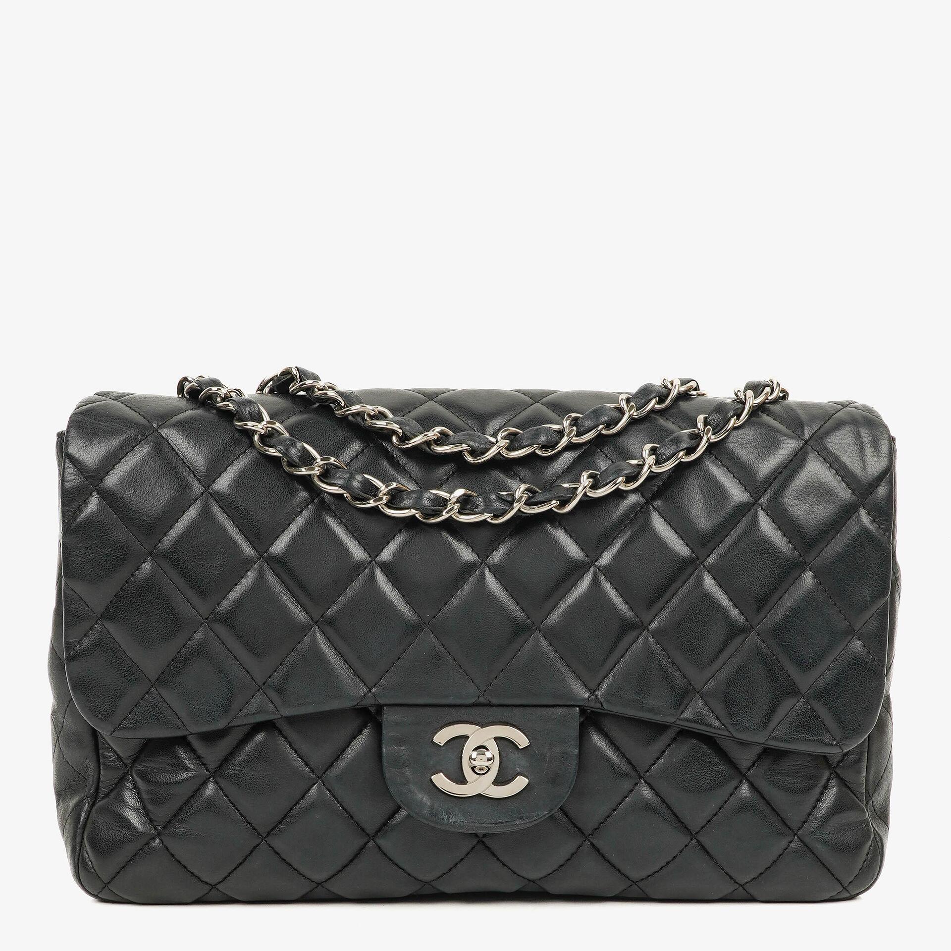 Chanel Jumbo Classic Black Quilted Leather Single Flap Bag With Silver - Tone Hardware