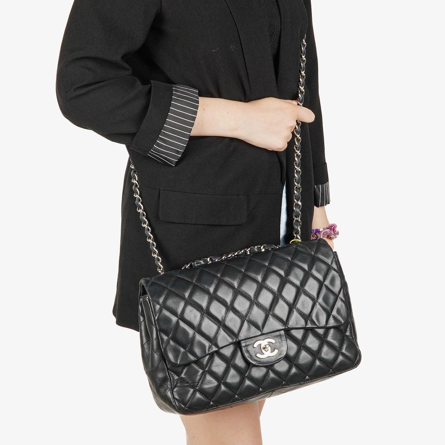 Chanel Jumbo Classic Black Quilted Leather Single Flap Bag With Silver - Tone Hardware