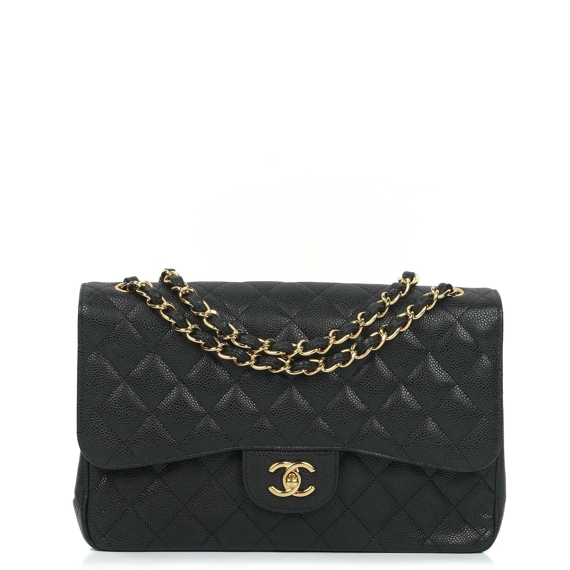 Chanel Jumbo Classic Black Quilted Caviar Double Flap Bag Gold Hardware