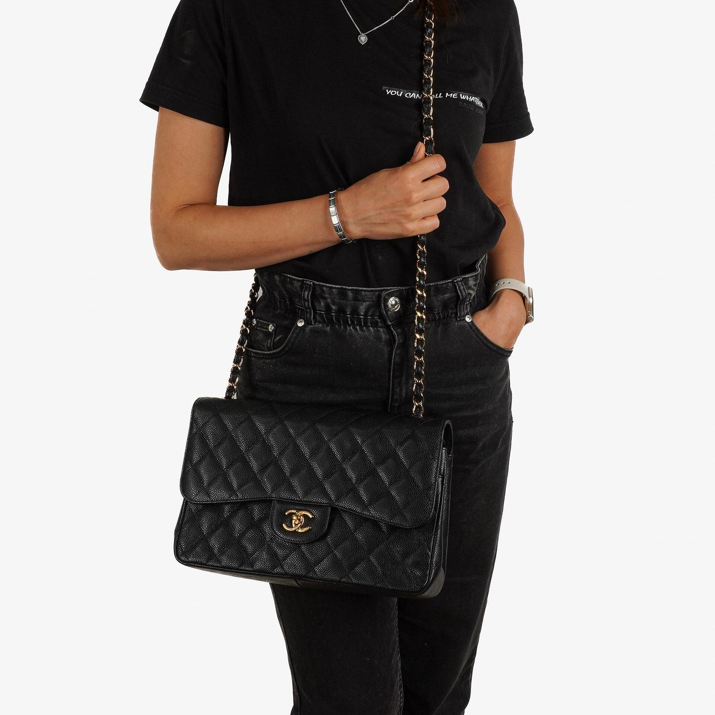 Chanel Jumbo Classic Black Quilted Caviar Double Flap Bag Gold Hardware