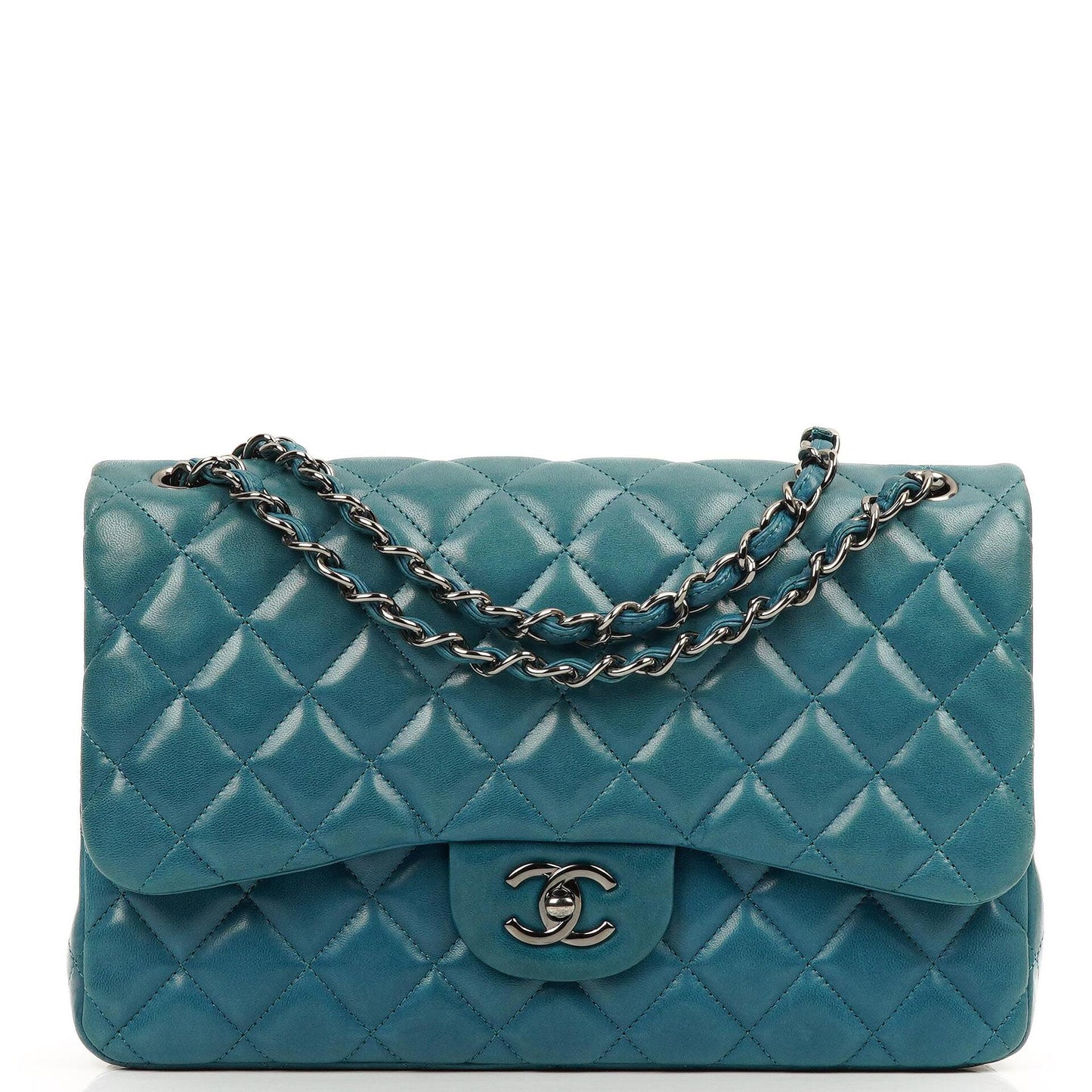 Chanel Classic Jumbo Double Flap Bag Blue Quilted Lambskin With Silver-Tone Hardware