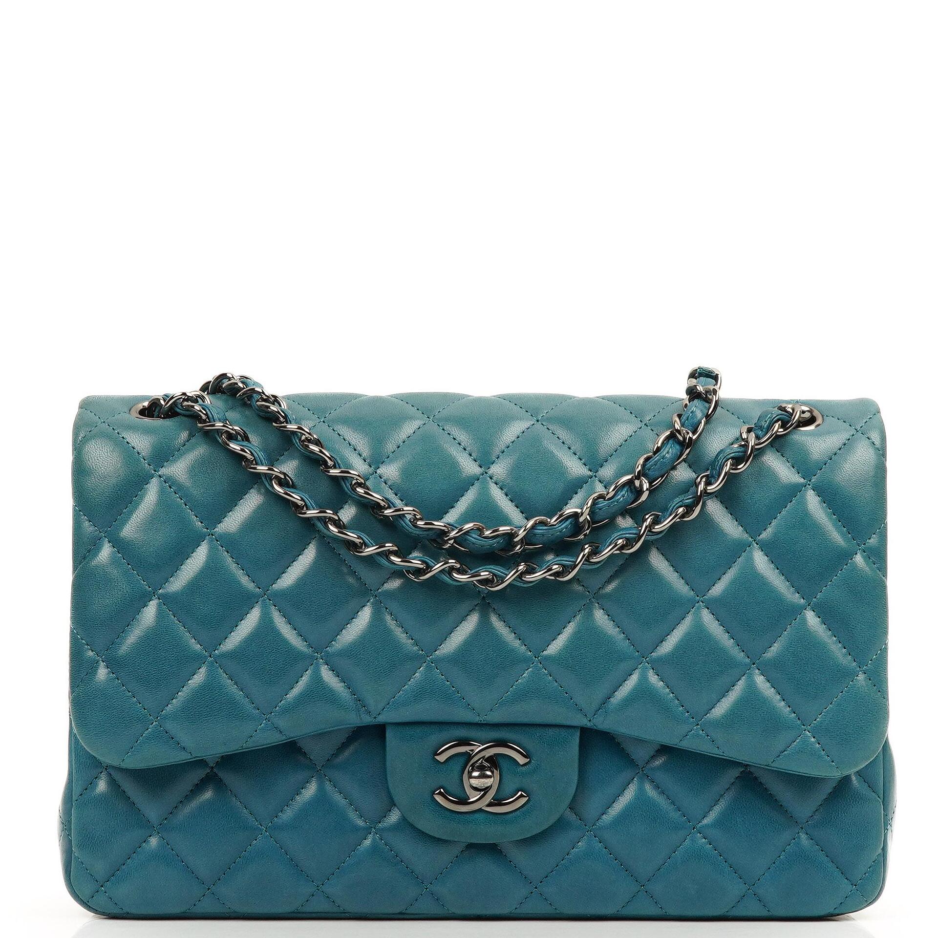 Chanel Classic Jumbo Double Flap Bag Blue Quilted Lambskin With Silver-Tone Hardware
