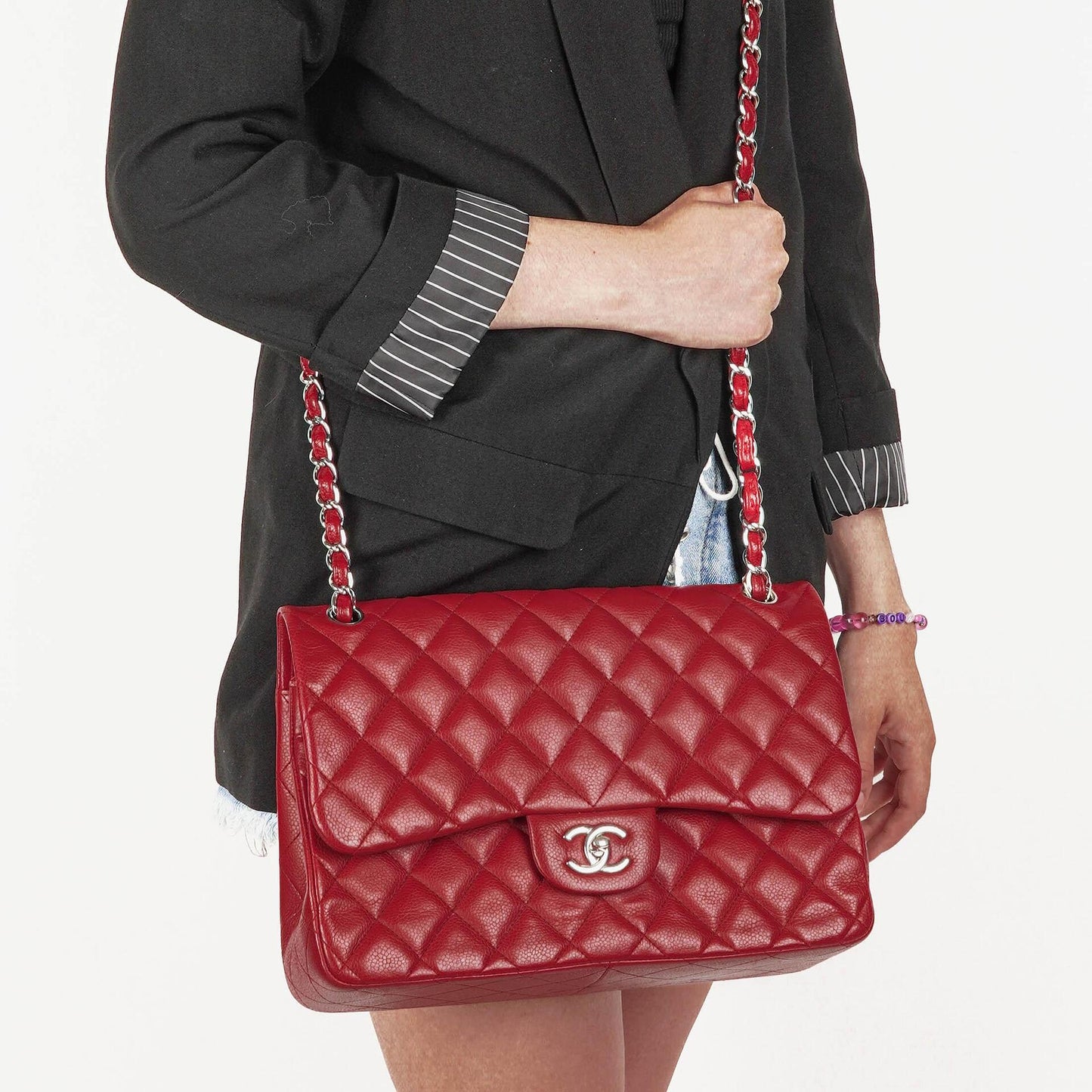 Chanel Jumbo Classic Red Caviar Quilted Leather Double Flap Bag With Silver - Tone Hardware
