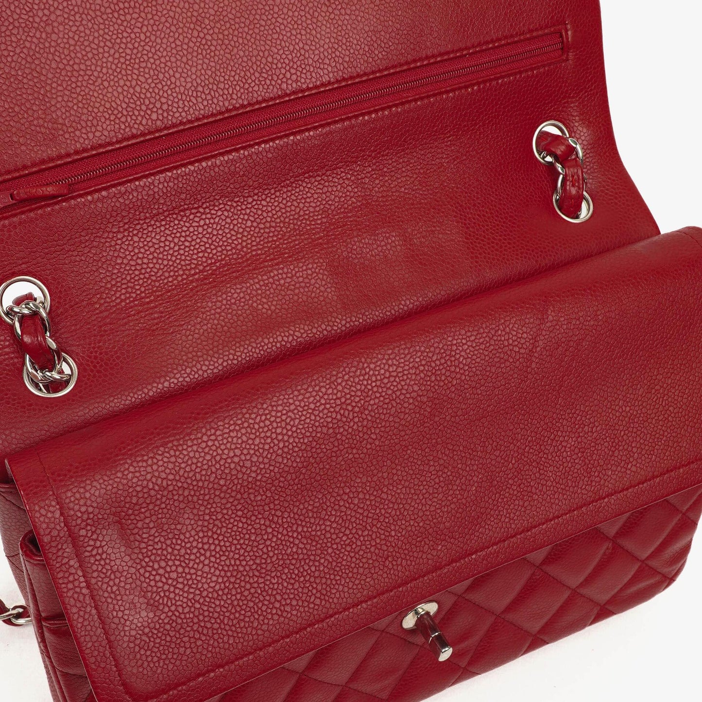 Chanel Jumbo Classic Red Caviar Quilted Leather Double Flap Bag With Silver - Tone Hardware
