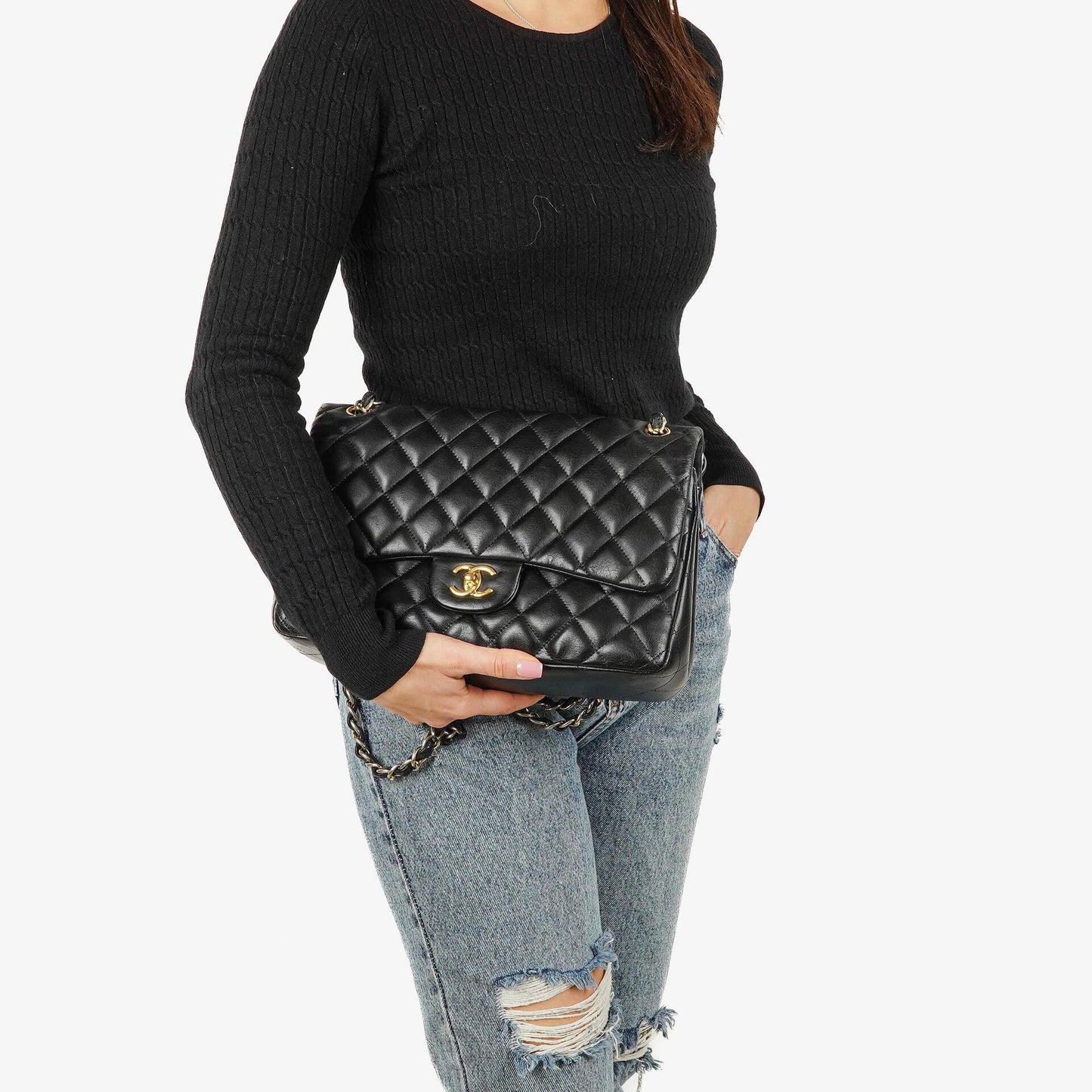 Chanel Jumbo Classic Single Flap Bag Black Quilted Lambskin Gold-Tone Hardware