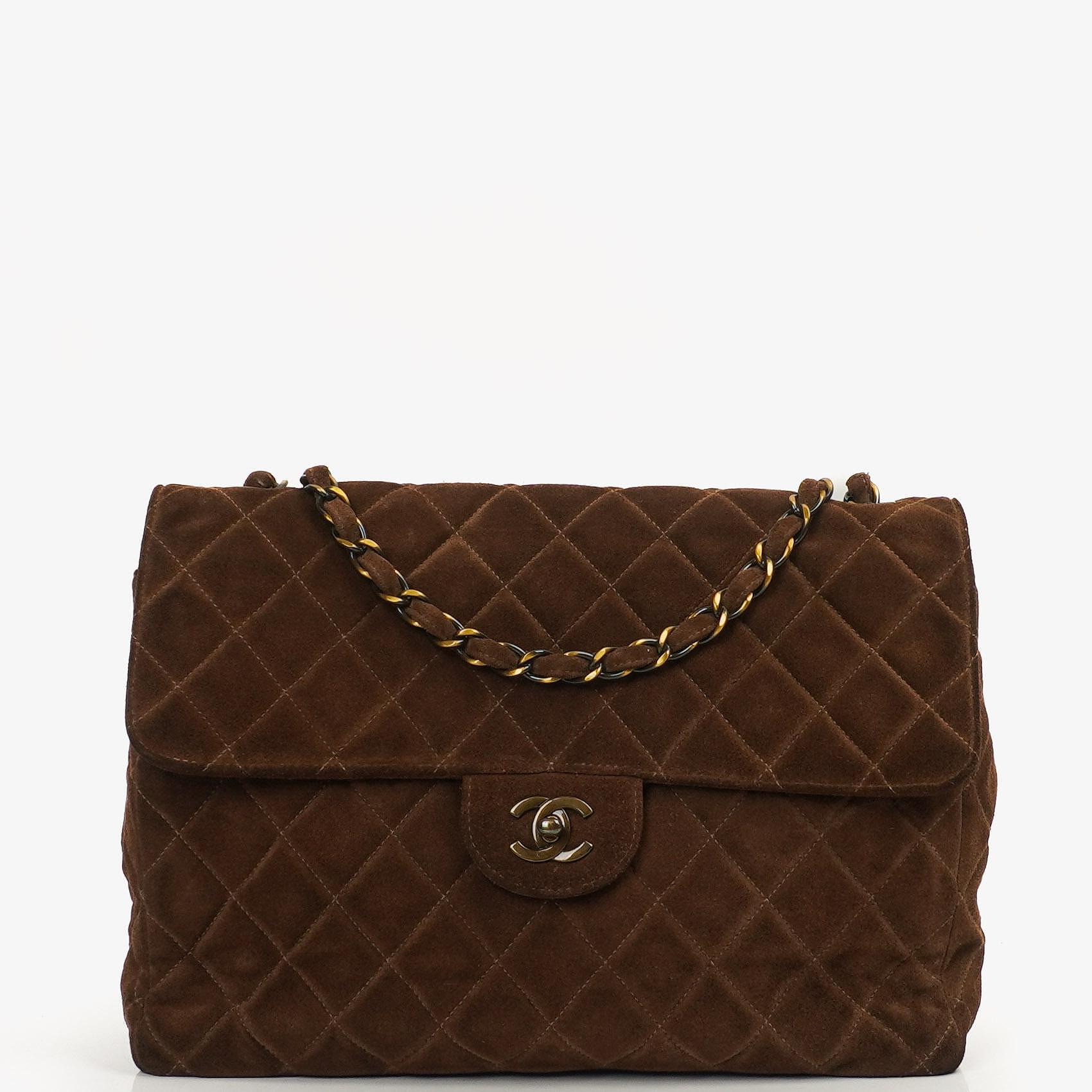 Chanel Jumbo Classic Single Flap Bag Brown Quilted Suede With Aged Gold Hardware