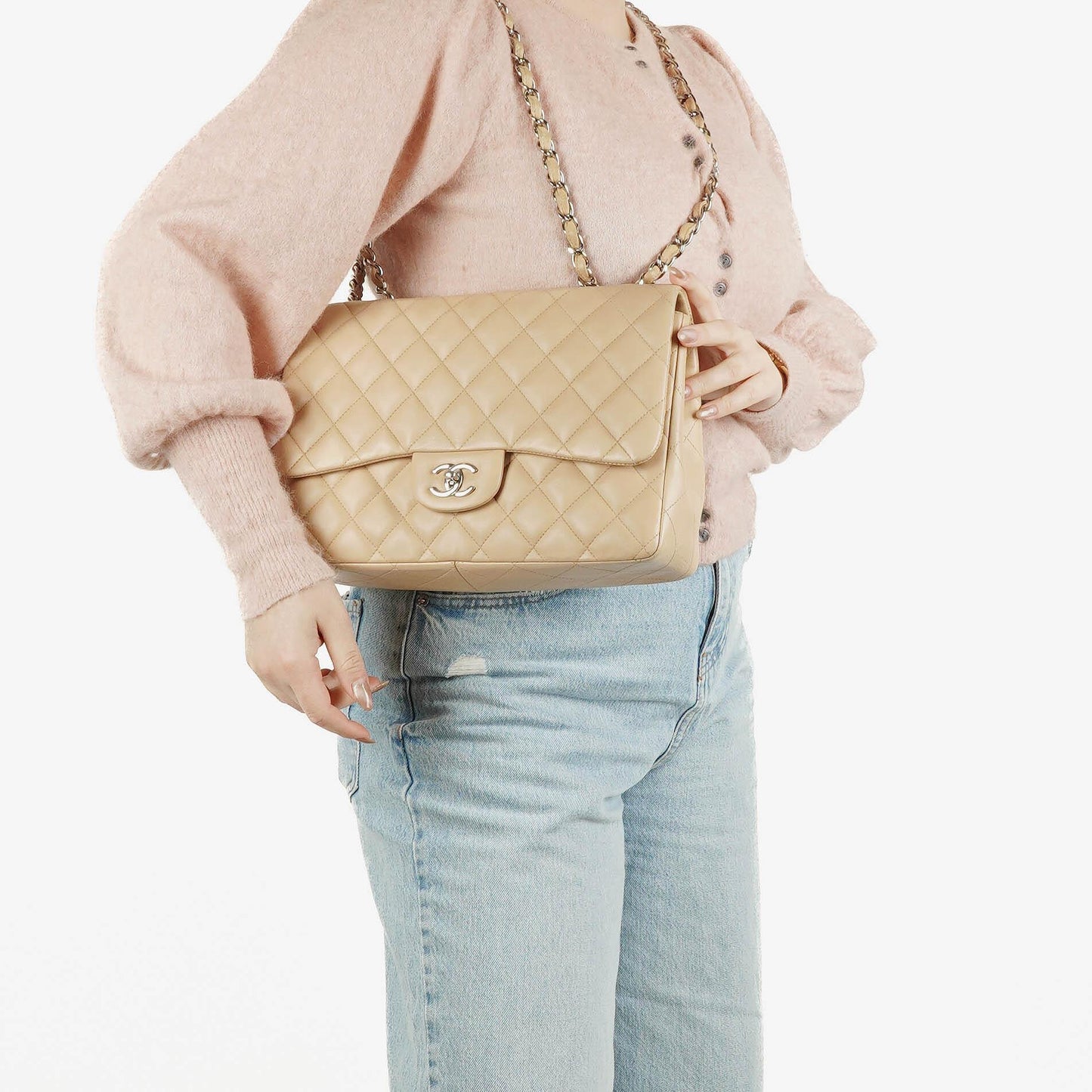 Chanel Jumbo Classic Single Flap Bag Quilted Lambskin Silver -Toned Hardware