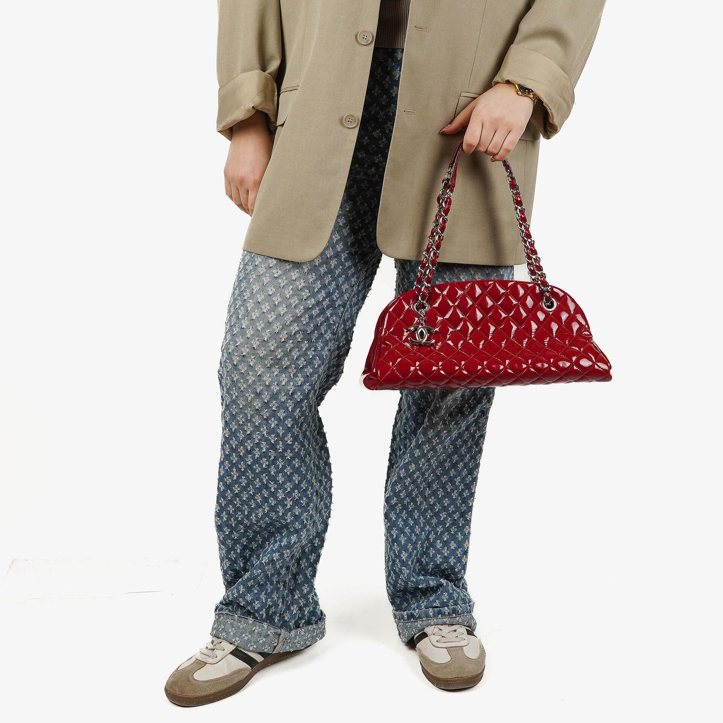 Chanel Just Mademoiselle Red Patent Quilted Bowling Bag