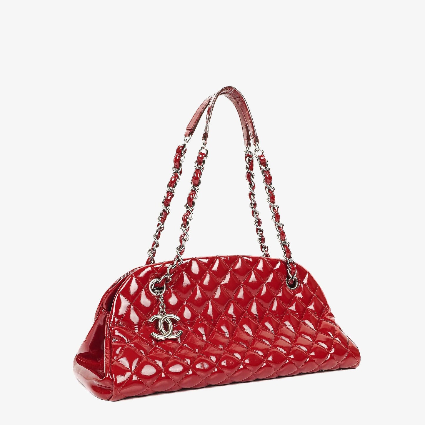 Chanel Just Mademoiselle Red Patent Quilted Bowling Bag