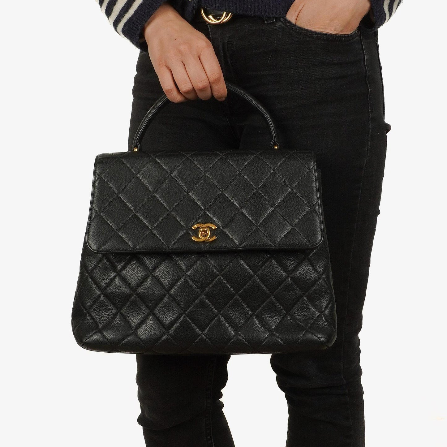 Chanel Kelly Black Quilted Caviar Leather Top Handle Bag With 24K Gold-Plated Hardware, 1996-1997