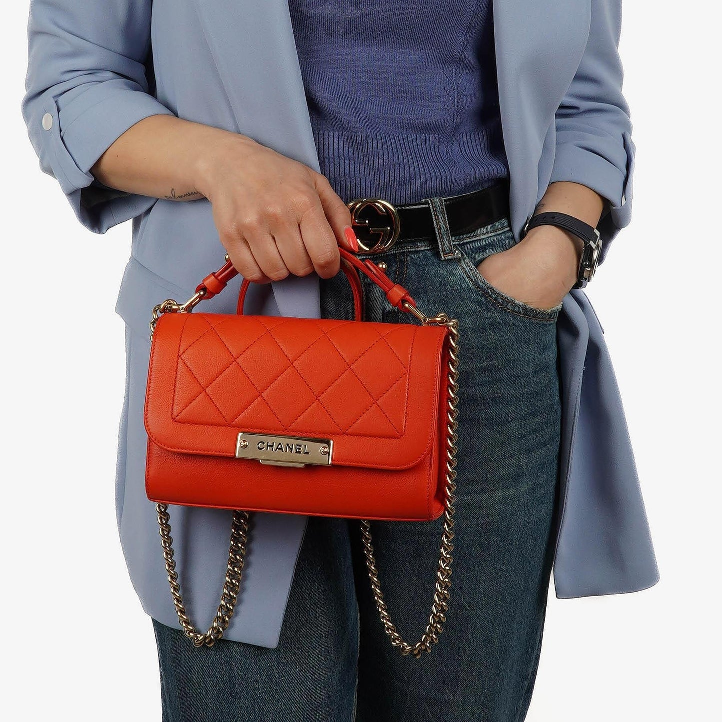 Chanel Label Click Flap Red in Quilted Calfskin With Gold-Tone Hardware