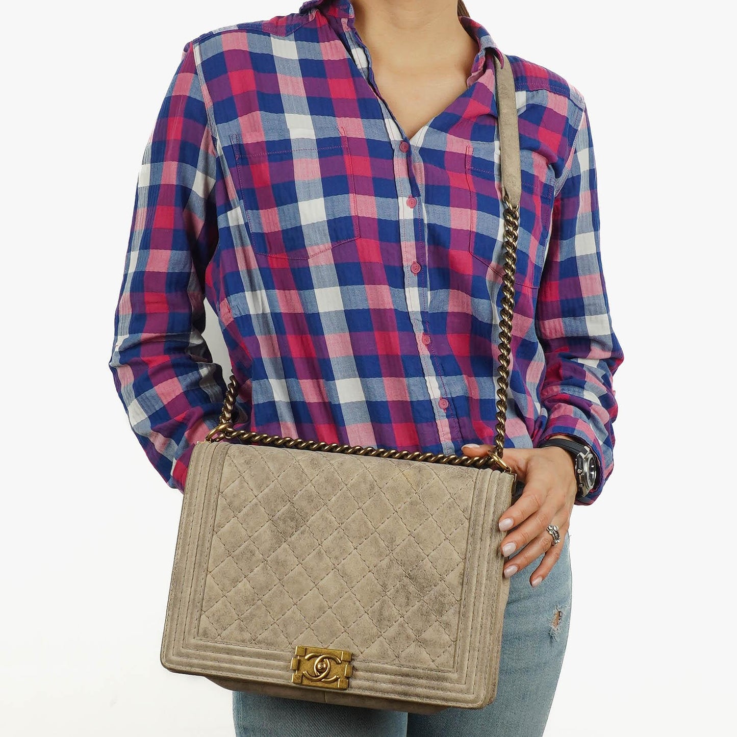 Chanel Large Boy 2013 Metiers D’Art Neutral Quilted Distressed Suede Flap Bag With Aged Gold Hardware
