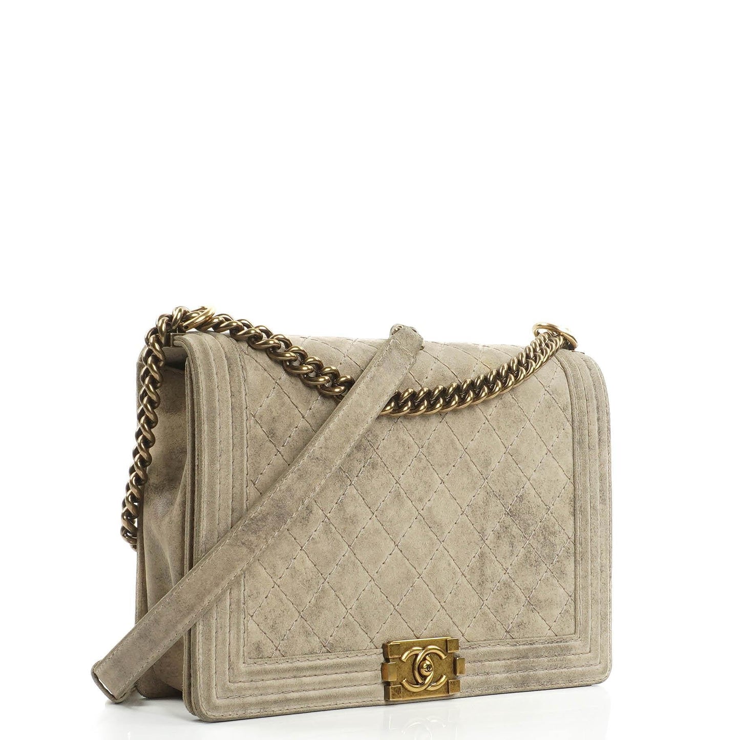 Chanel Large Boy 2013 Metiers D’Art Neutral Quilted Distressed Suede Flap Bag With Aged Gold Hardware