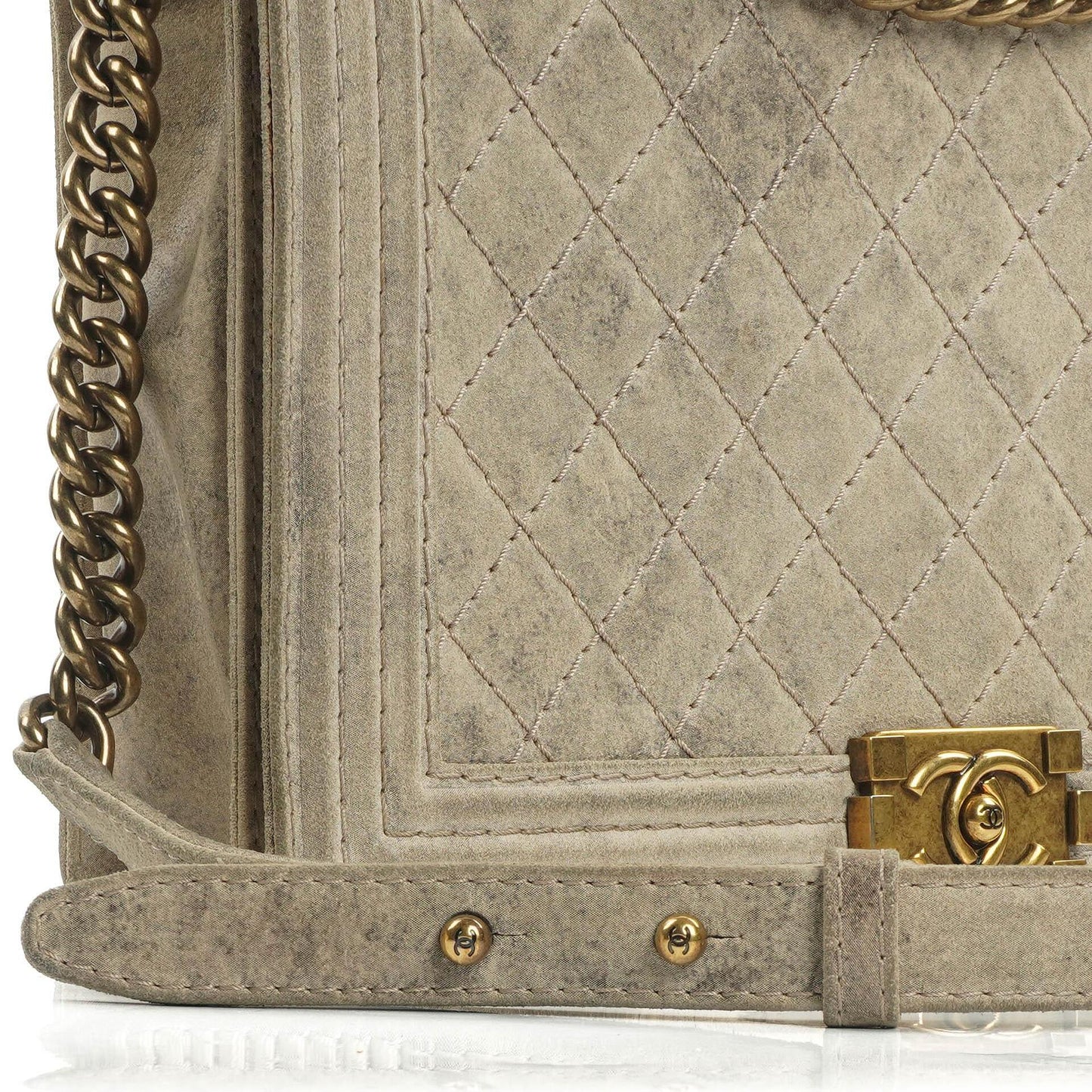 Chanel Large Boy 2013 Metiers D’Art Neutral Quilted Distressed Suede Flap Bag With Aged Gold Hardware