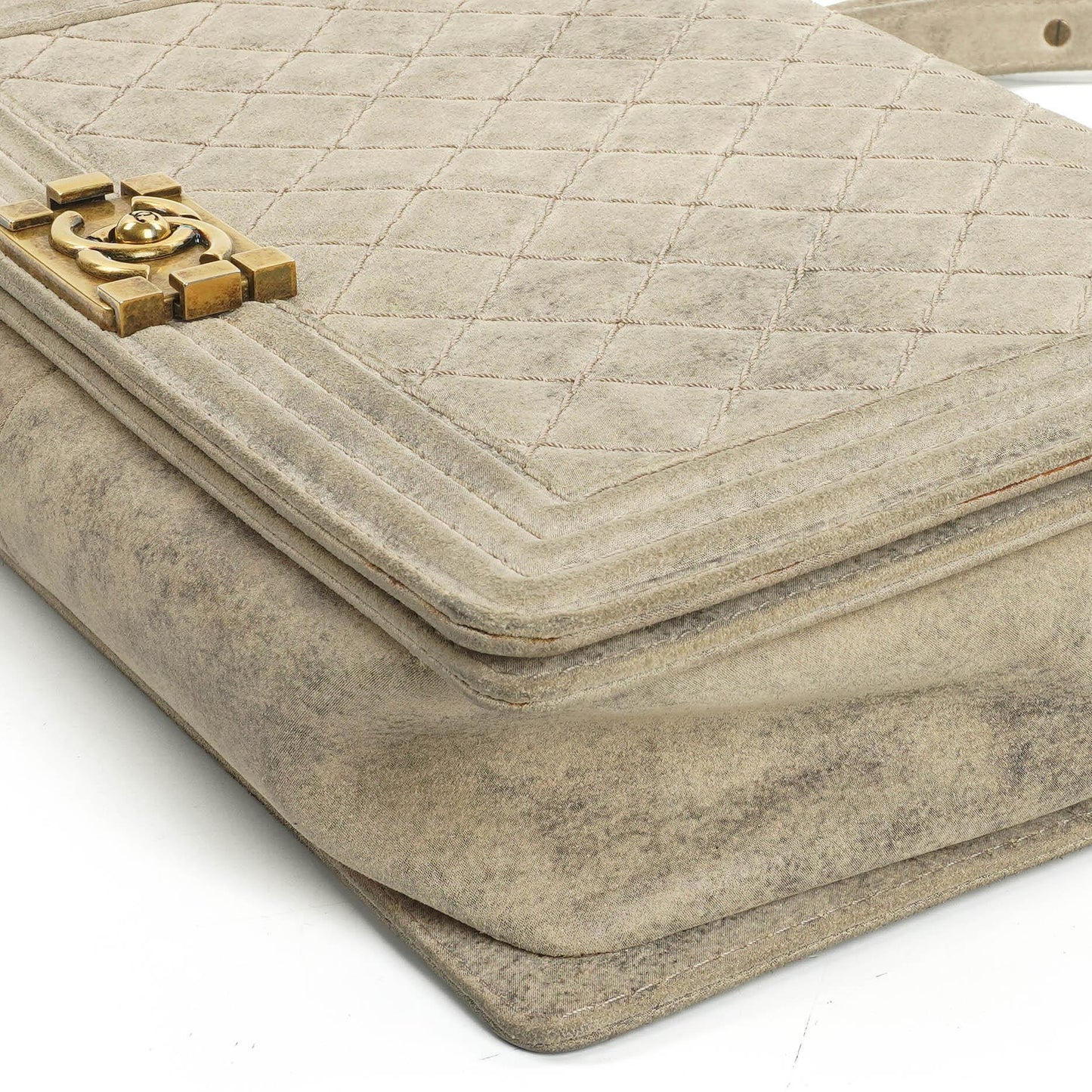 Chanel Large Boy 2013 Metiers D’Art Neutral Quilted Distressed Suede Flap Bag With Aged Gold Hardware
