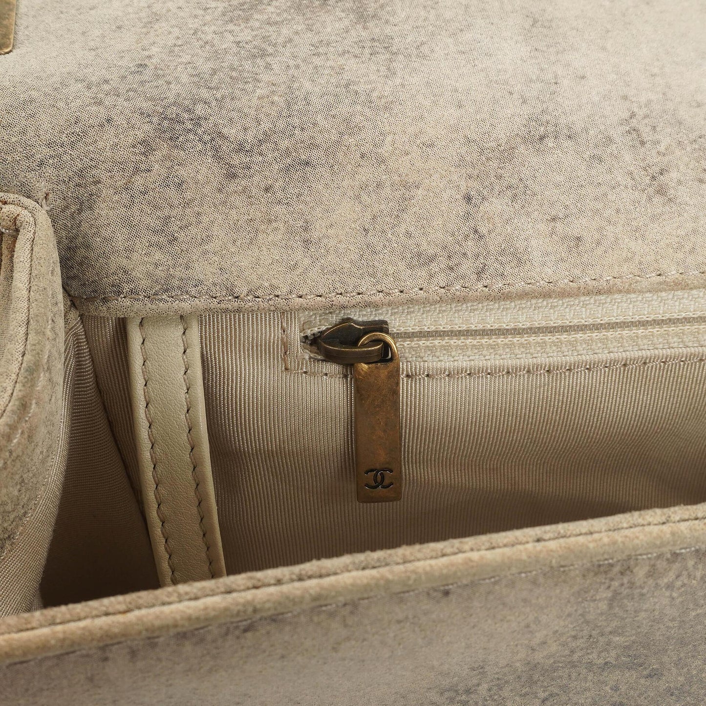 Chanel Large Boy 2013 Metiers D’Art Neutral Quilted Distressed Suede Flap Bag With Aged Gold Hardware