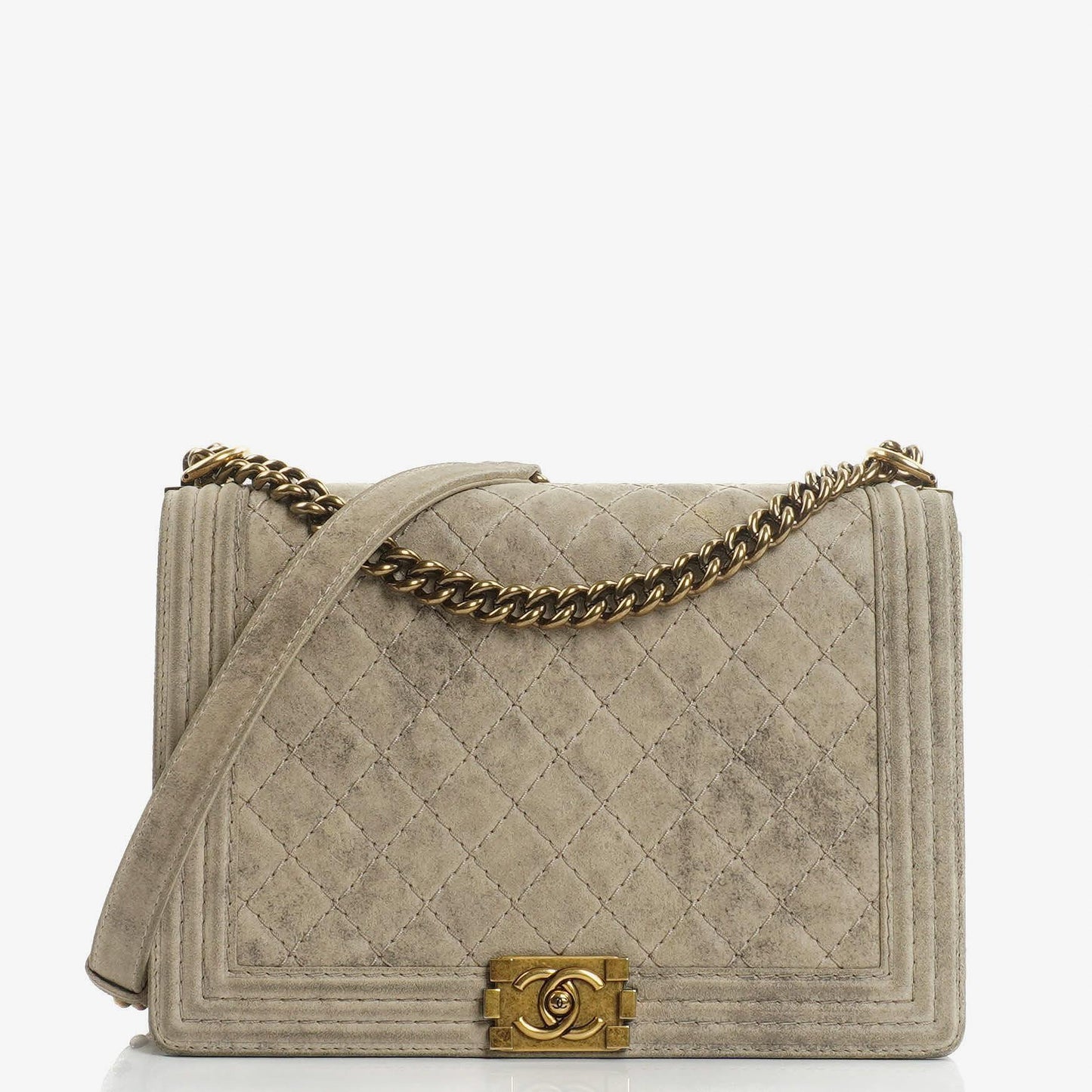 Chanel Large Boy 2013 Metiers D’Art Neutral Quilted Distressed Suede Flap Bag With Aged Gold Hardware