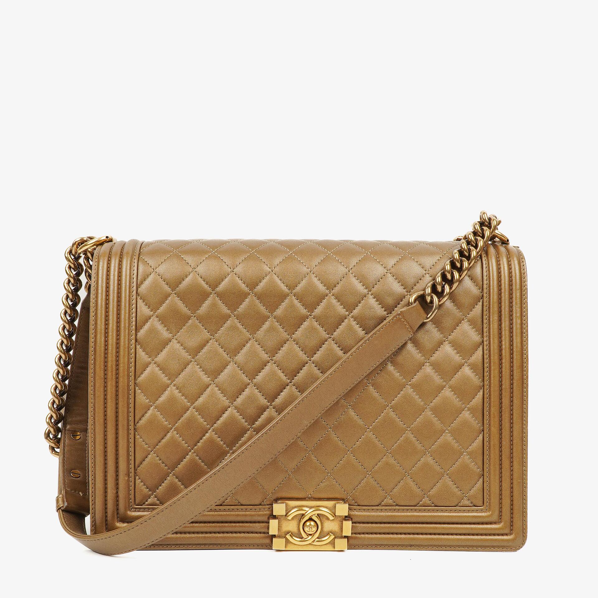 Chanel Large Boy Gold Metalic Quilted Flap Bag With Aged Gold Hardware