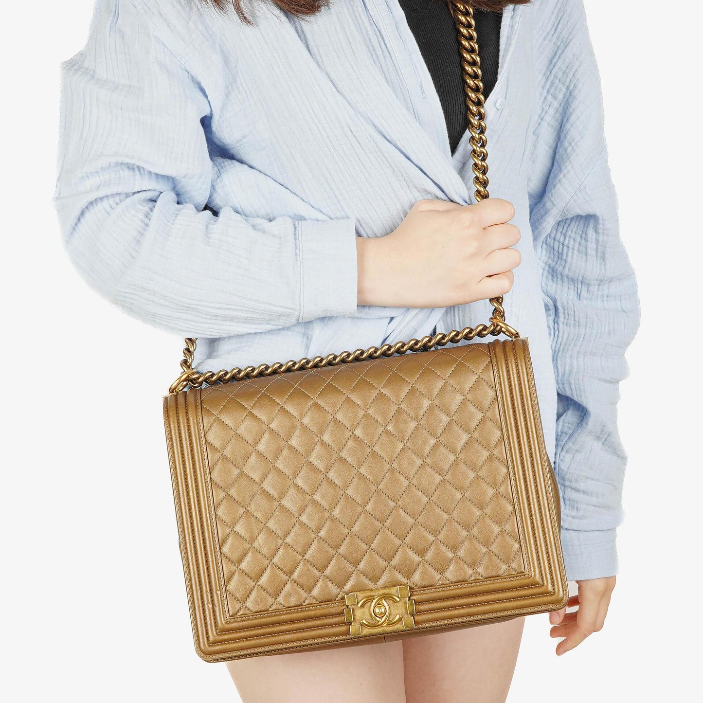 Chanel Large Boy Gold Metalic Quilted Flap Bag With Aged Gold Hardware