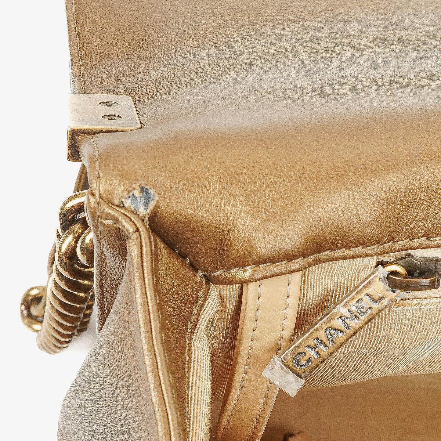 Chanel Large Boy Gold Metalic Quilted Flap Bag With Aged Gold Hardware