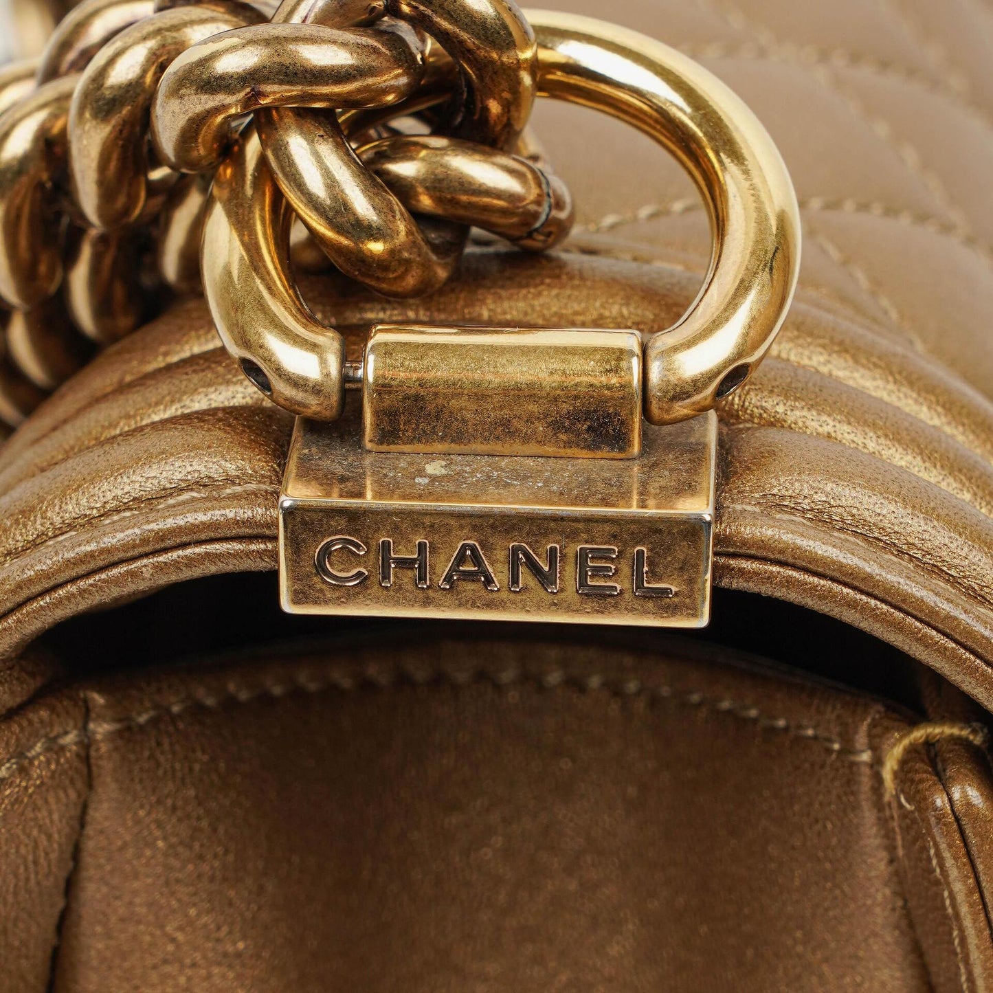 Chanel Large Boy Gold Metalic Quilted Flap Bag With Aged Gold Hardware