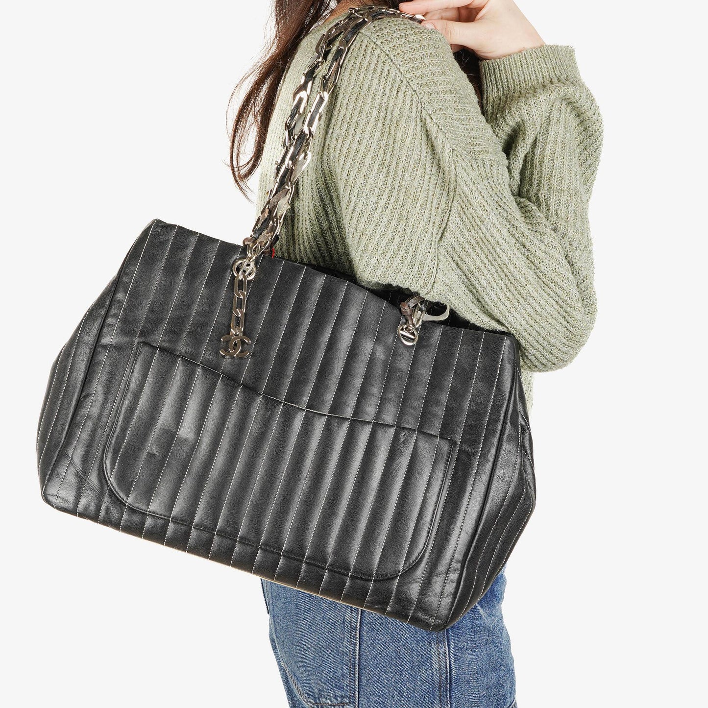 Chanel Large Mademoiselle Black Lambskin Vertical Quilted Tote Bag