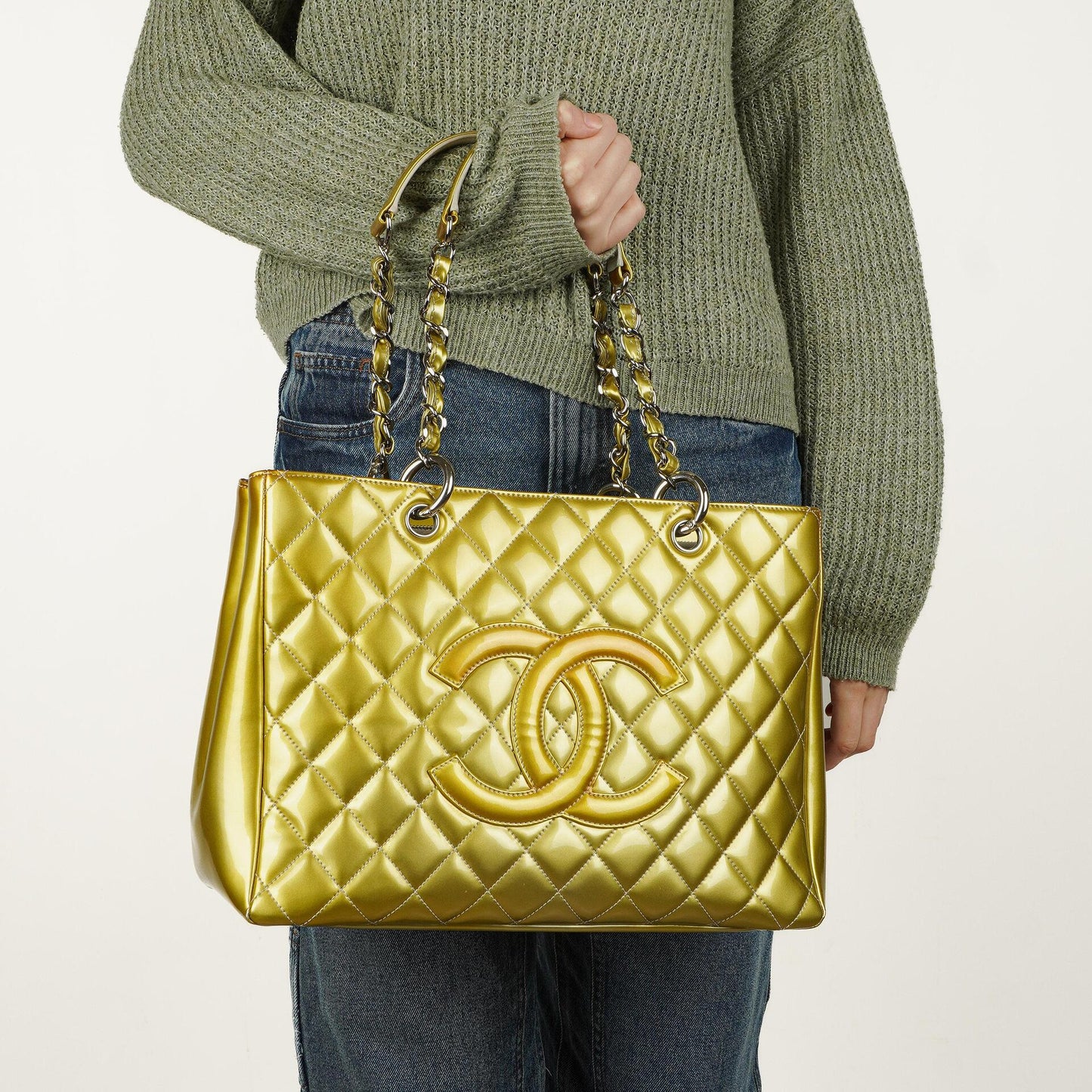 Chanel Large Quilted Patent Leather Tote Bag