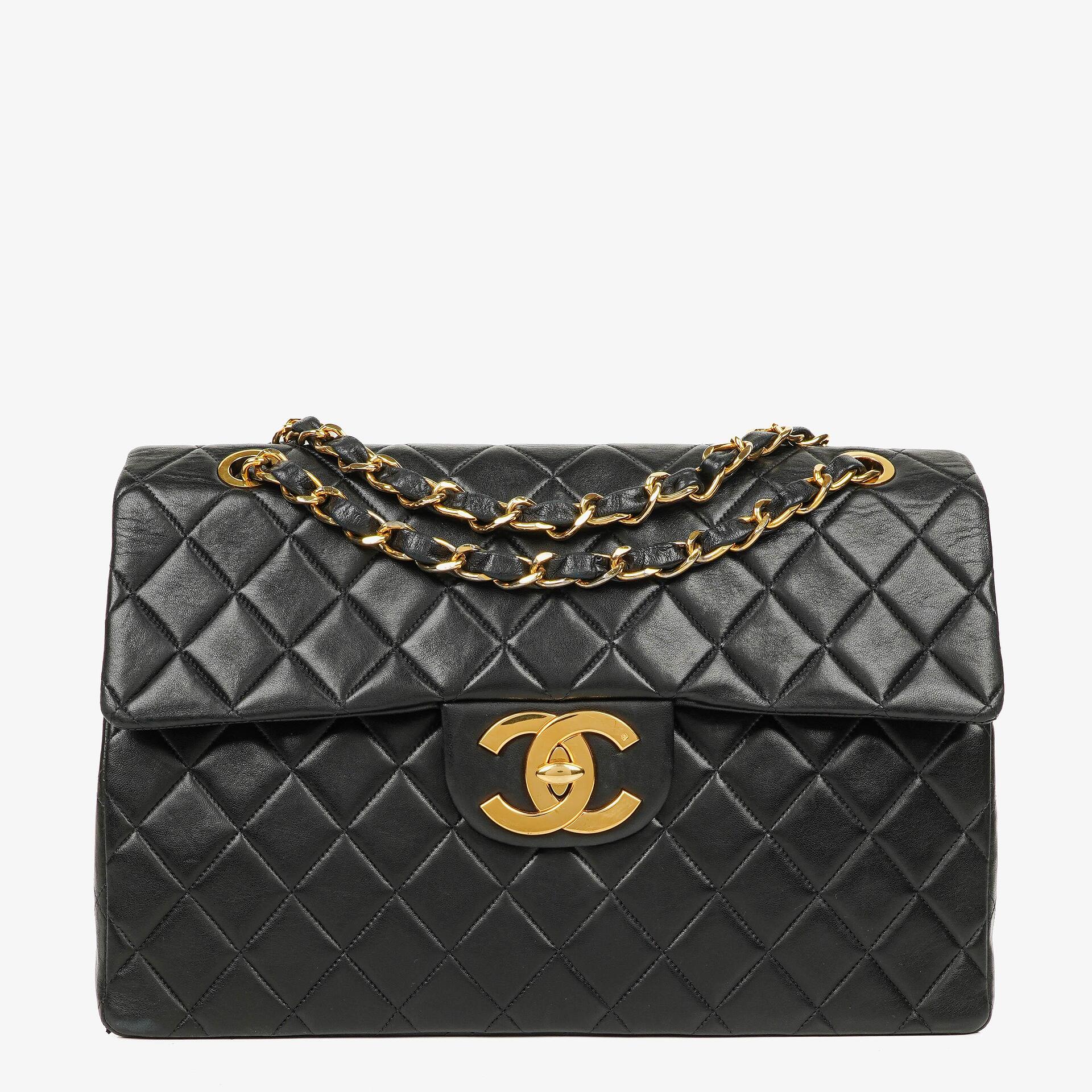 Chanel Maxi Jumbo CC Classic Single Flap Bag Black Quilted Lambskin 24K Gold-Plated Hardware