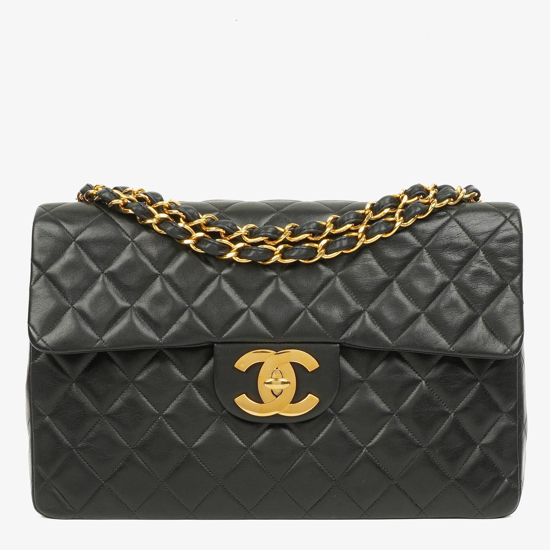 Chanel Maxi Jumbo Classic Single Flap Bag Black Quilted Lambskin 24K Gold-Plated Hardware