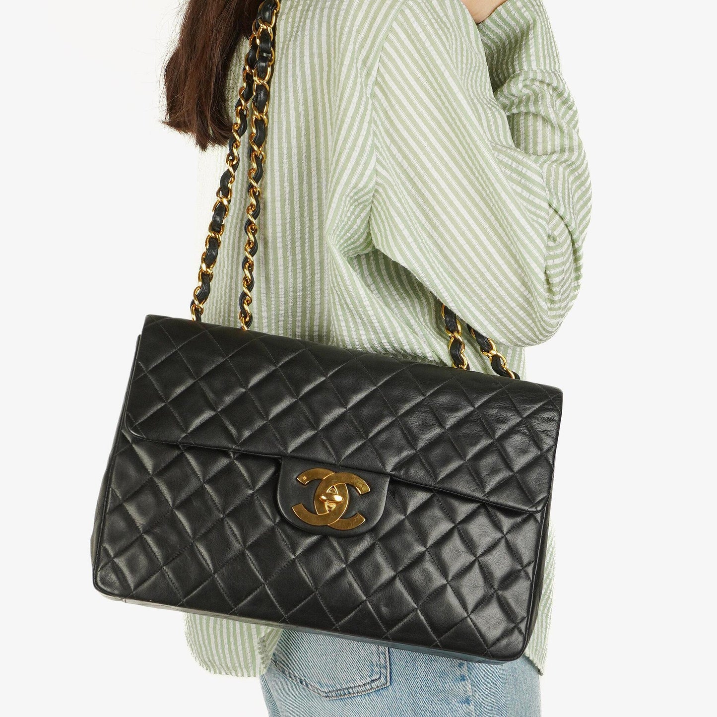 Chanel Maxi Jumbo Classic Single Flap Bag Black Quilted Lambskin 24K Gold-Plated Hardware