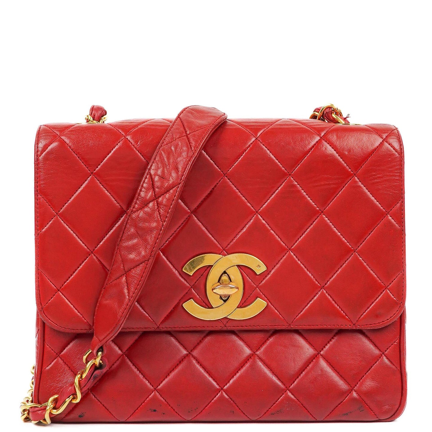 Chanel Maxi Logo Flap Bag in Red Quilted Lambskin and 24k Gold Plated Hardware