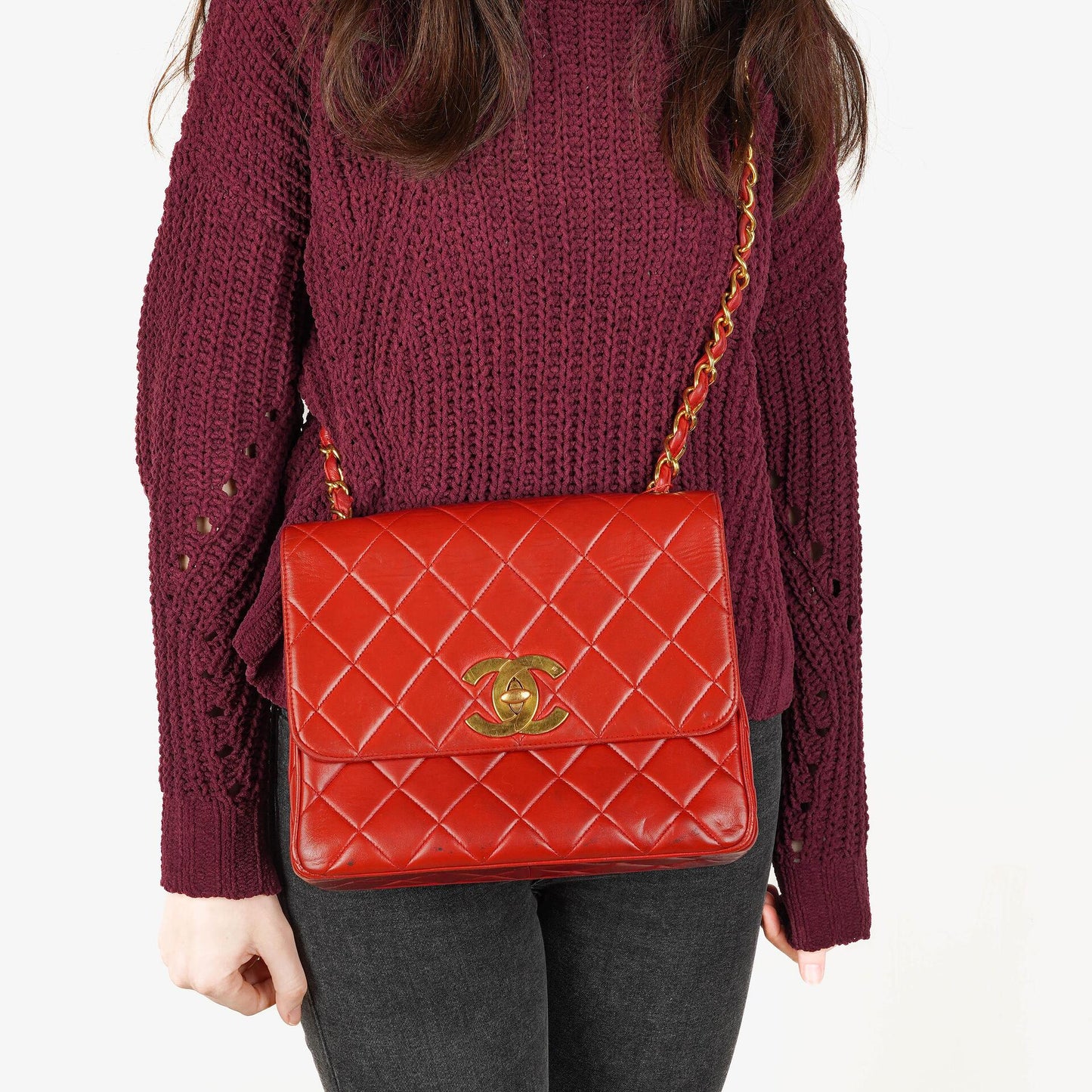 Chanel Maxi Logo Flap Bag in Red Quilted Lambskin and 24k Gold Plated Hardware