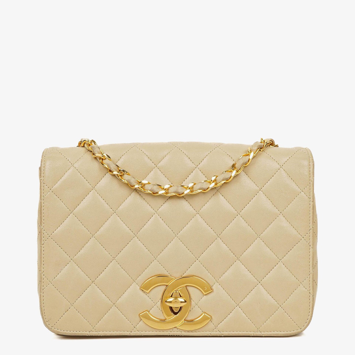 Chanel Maxi Logo Full Flap Bag Beige Quilted Leather With 24K Gold-Plated Hardware